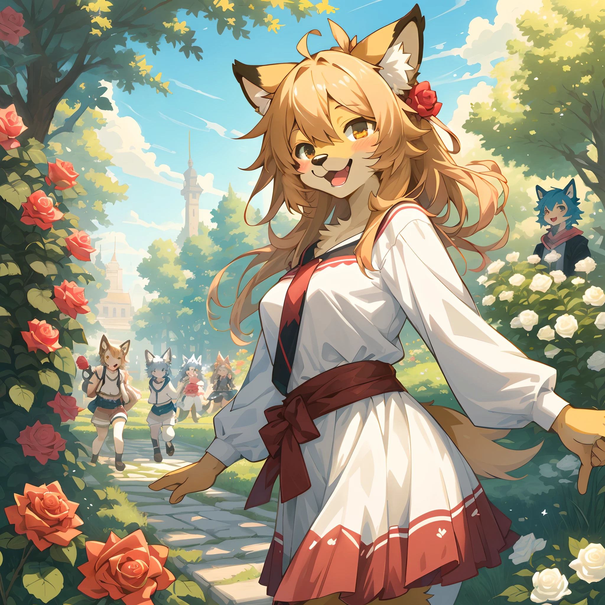 cover_page, highres, top quality, best quality, paid reward available, High-quality illustrations, unparalleled masterpiece, perfect artwork, absurdres, super high resolution, detailed background, o colorful Rose Garden, 6+boys, 6+girls, Happy, joyful(Photos of solo travelers)(kemono, furry anthro),