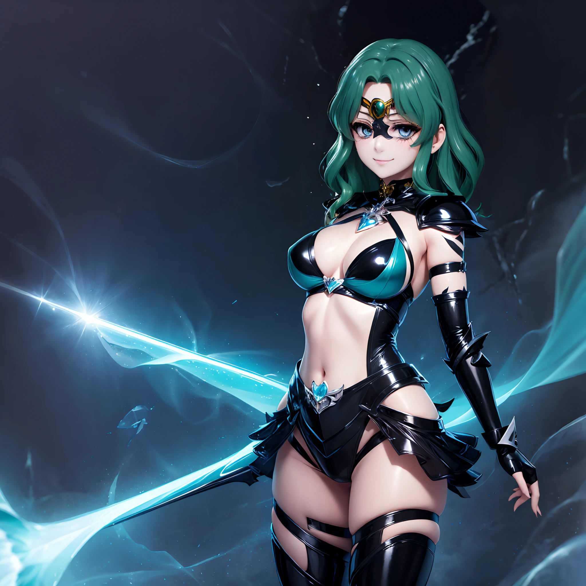 Sailor Neptune of the Fallen. female solo. Brainwashed eyes. A black mask that hides the eyes. Evil costume. nefarious smirk. Latex Costume. Full Body Stockings. Futuristic machine background.