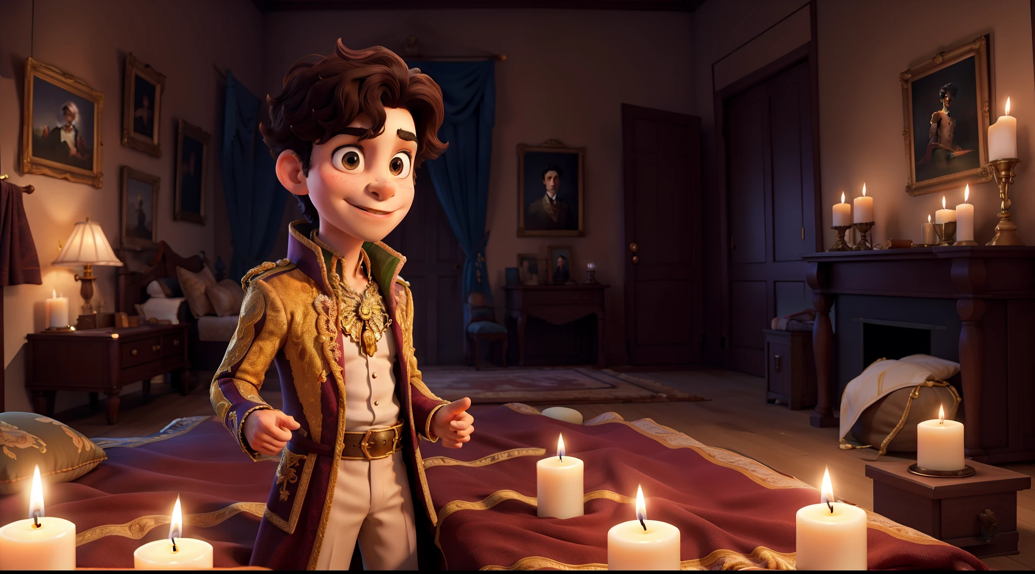 prince, proud, face lit, bedroom, strong, candles, paintings, tapestries