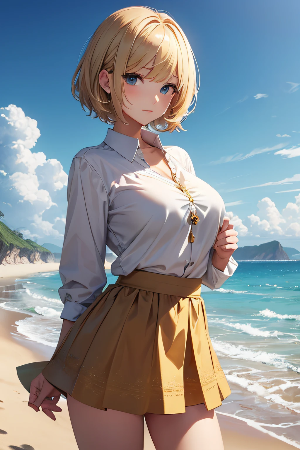 masterpiece、Massive landscape((Mysterious Sea、sand beach))、a beauty girl、huge tit、Golden Hair Short Hair、Blouse with high detail、a miniskirt、hair adornments