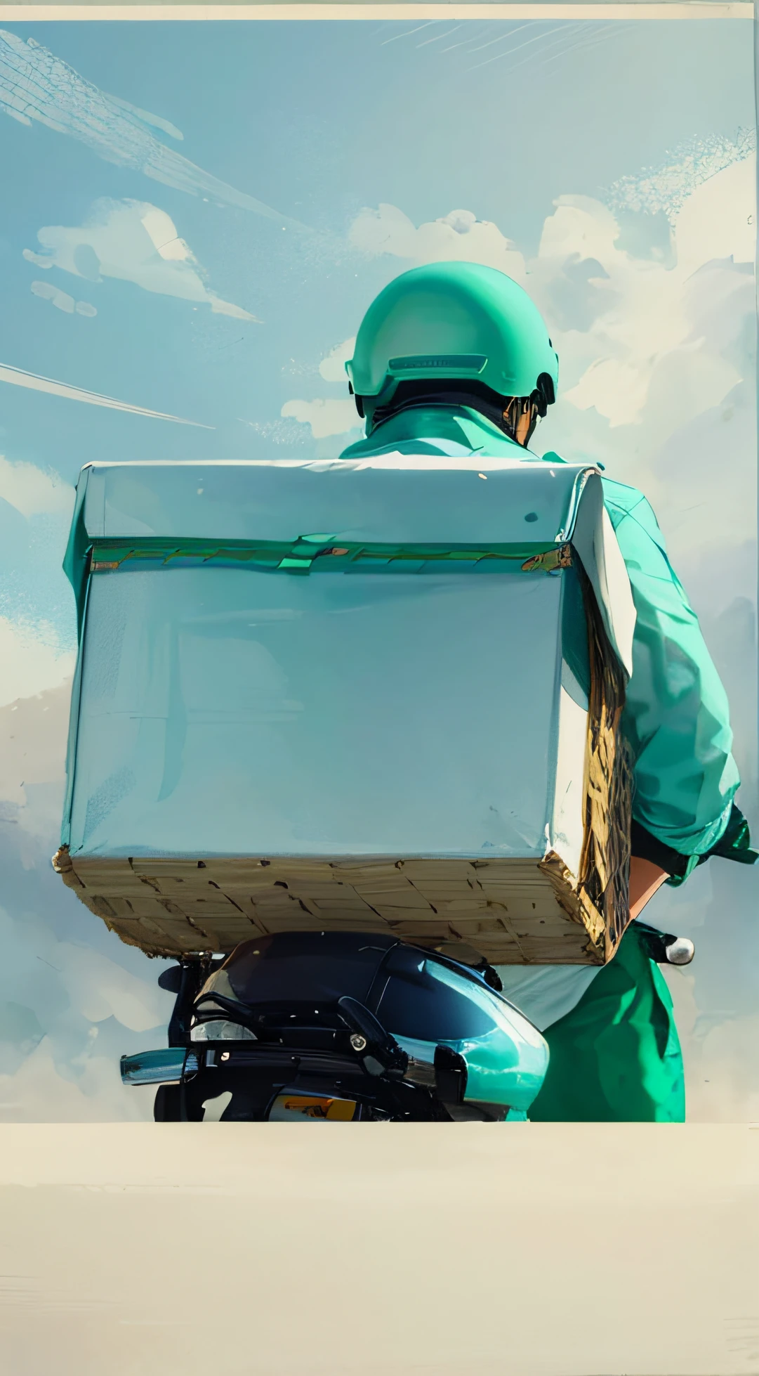 There was a man riding a motorcycle，There is a mint green case on top，The helmet is mint green，Bright tones，