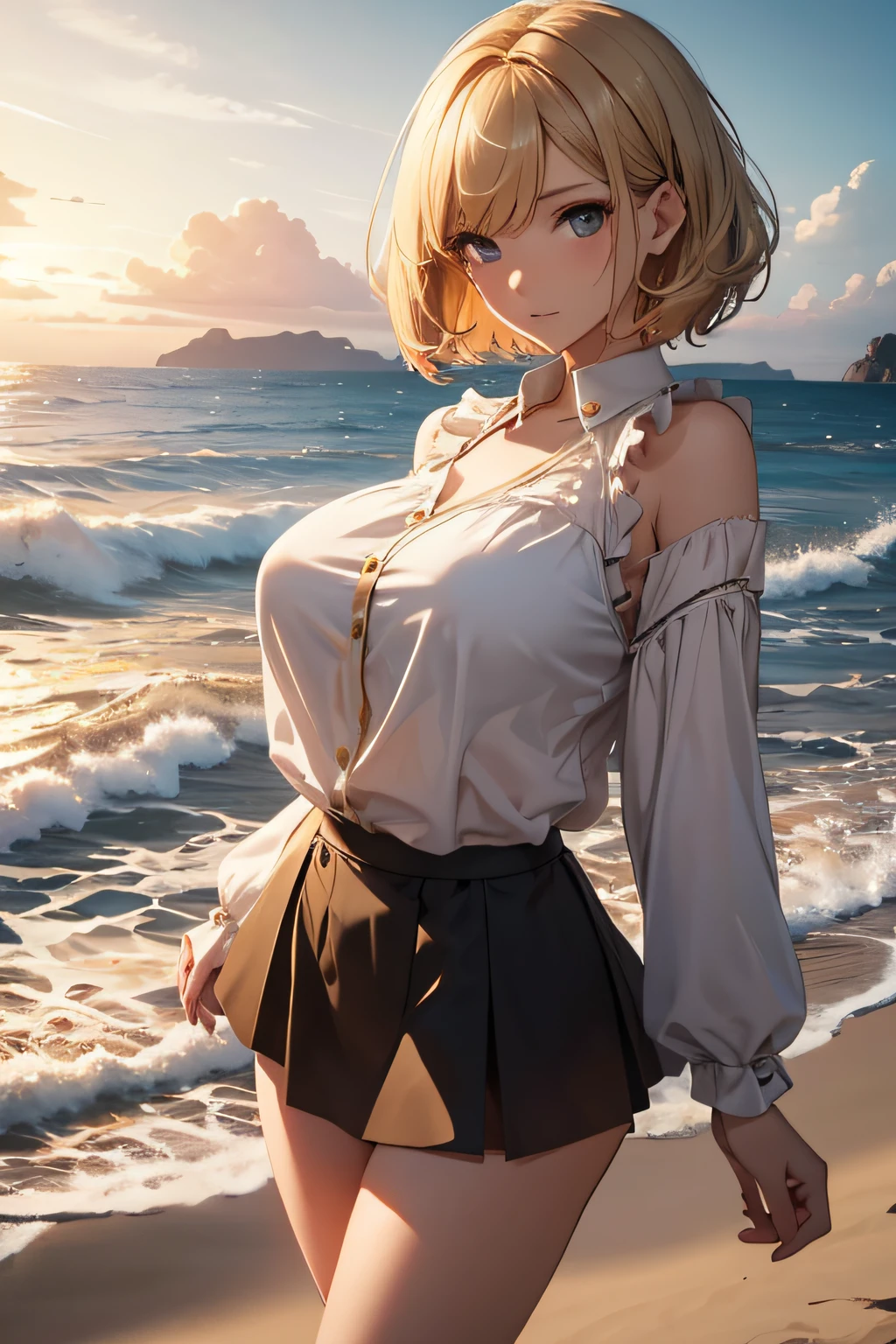 masterpiece、Massive landscape((Mysterious Sea、sand beach))、a beauty girl、huge tit、Golden Hair Short Hair、Blouse with high detail、a miniskirt、hair adornments