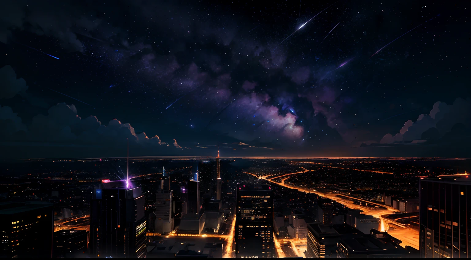 ​master piece,  Best Quality , Detailed , ((Background only))、Pink and purple sky and galaxy anime scene, an anime drawing by Makoto Shinkai, trending on pixiv, magical realism, beautiful anime scene, cosmic sky. by makoto shinkai, ( ( By Shinkai Makoto ) ), by makoto shinkai, Anime Background Art, style of makoto shinkai, Moon in the sky, nightcity, shooting stars, Best Quality, masutepiece, cloud, Colorful, starrysky, Stars, Night, Milky way、shooting stars, Anime Sky, PastelColors, A city lined with skyscrapers