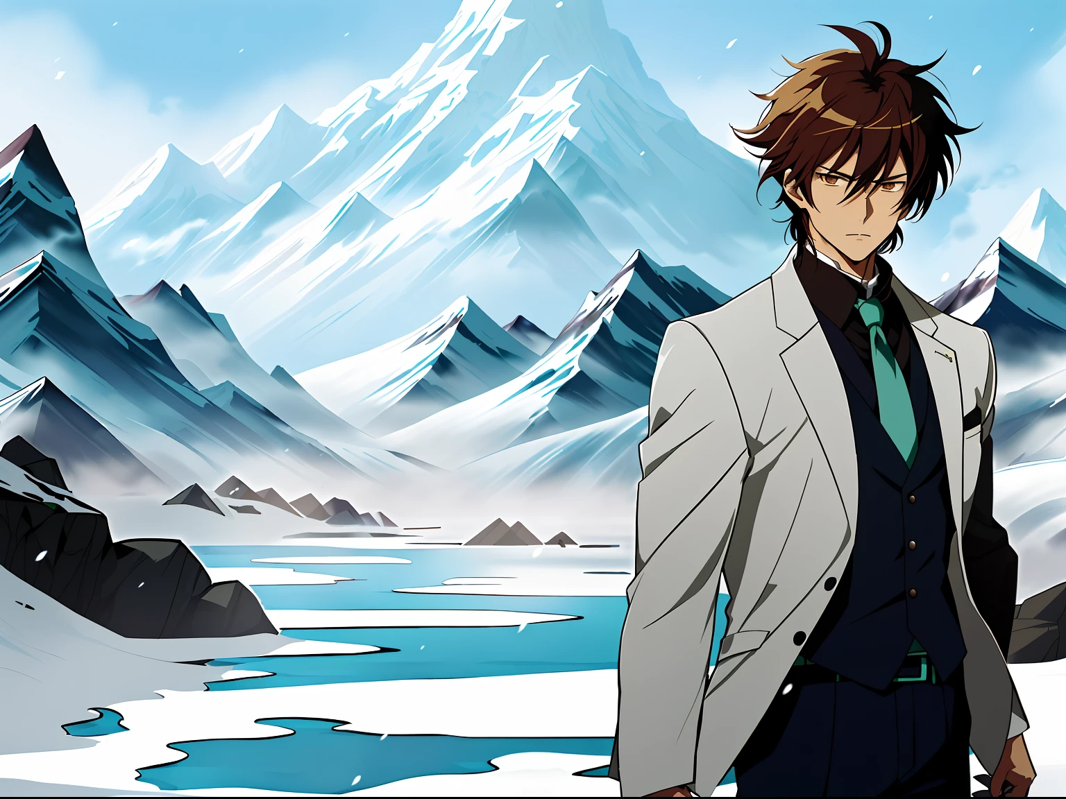 Anime image of a brown-haired man in a white suit and blue tie standing under a snowy mountain，by lake, Shinkai sincerely, New Xiangcheng, Honest, ryuta ueda artwork, offcial art, Anime handsome man, inspired by Hisui Sugiura, koyoharu gotouge, inspired by Okumura Togyu, hijikata toushirou, makoto kano