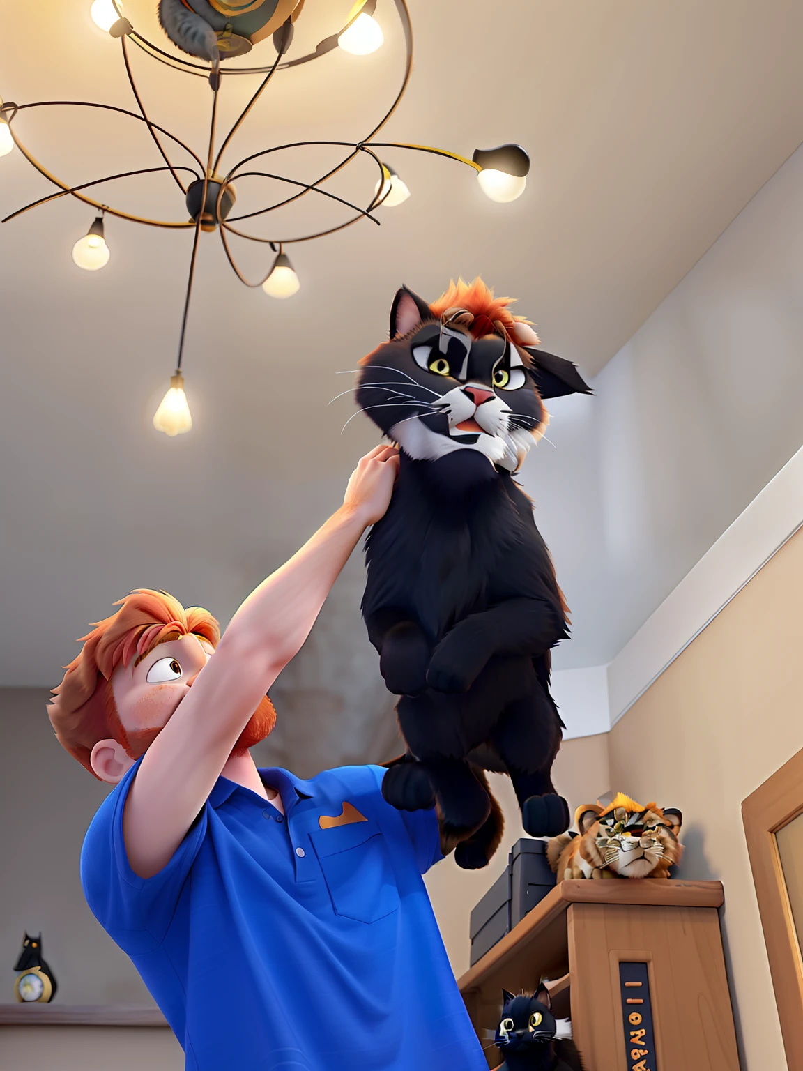 A ginger guy holding a black cat like rafik in The Lion King