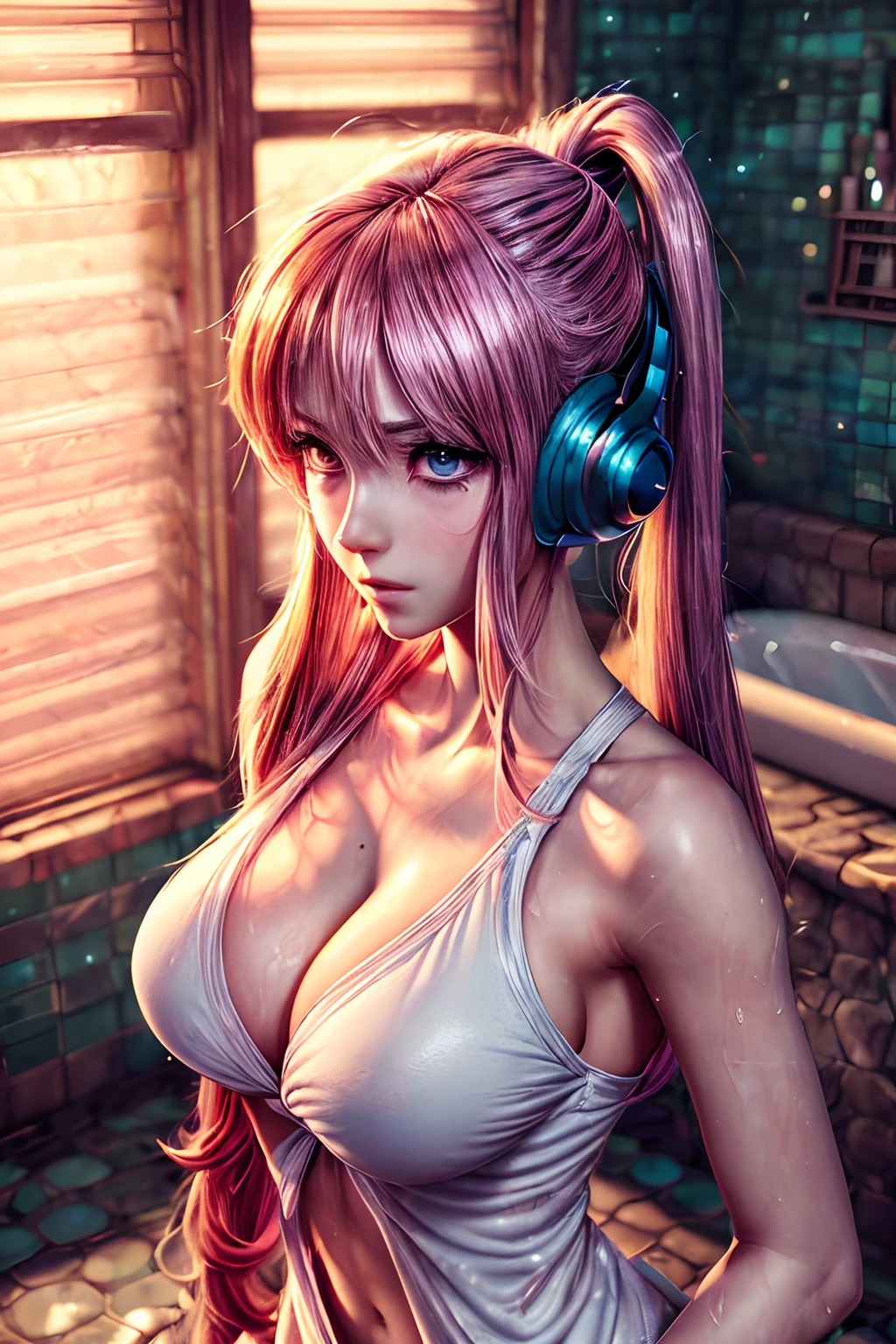 masterpiece, best quality, (extremely detailed CG unity 8k wallpaper, masterpiece, best quality, ultra-detailed, best shadow), (detailed background), (beautiful detailed face, beautiful detailed eyes), High contrast, (best illumination, an extremely delicate and beautiful),1girl,((colourful paint splashes on transparent background, dulux,)), ((caustic)), dynamic angle,beautiful detailed glow,full body, close up of a woman, beautiful anime portrait, detailed portrait of anime girl, anime character, realistic anime artstyle, anime girl portrait, anime character portrait, blood splashes on face, (masterpiece, best quality), ultra detailed, 1girl, utta from anime one piece, long hair, red hair on left, white hair on right, wears head phone, bangs, wears mascara, perfect body, perfect boobs, beautiful woman, very beautiful, wears white towel, in bathroom, bathtub , beautiful bathroom, Realism, masterpiece, skin textured, super detail, high detail, high quality, best quality, 1080P, HD, 16k