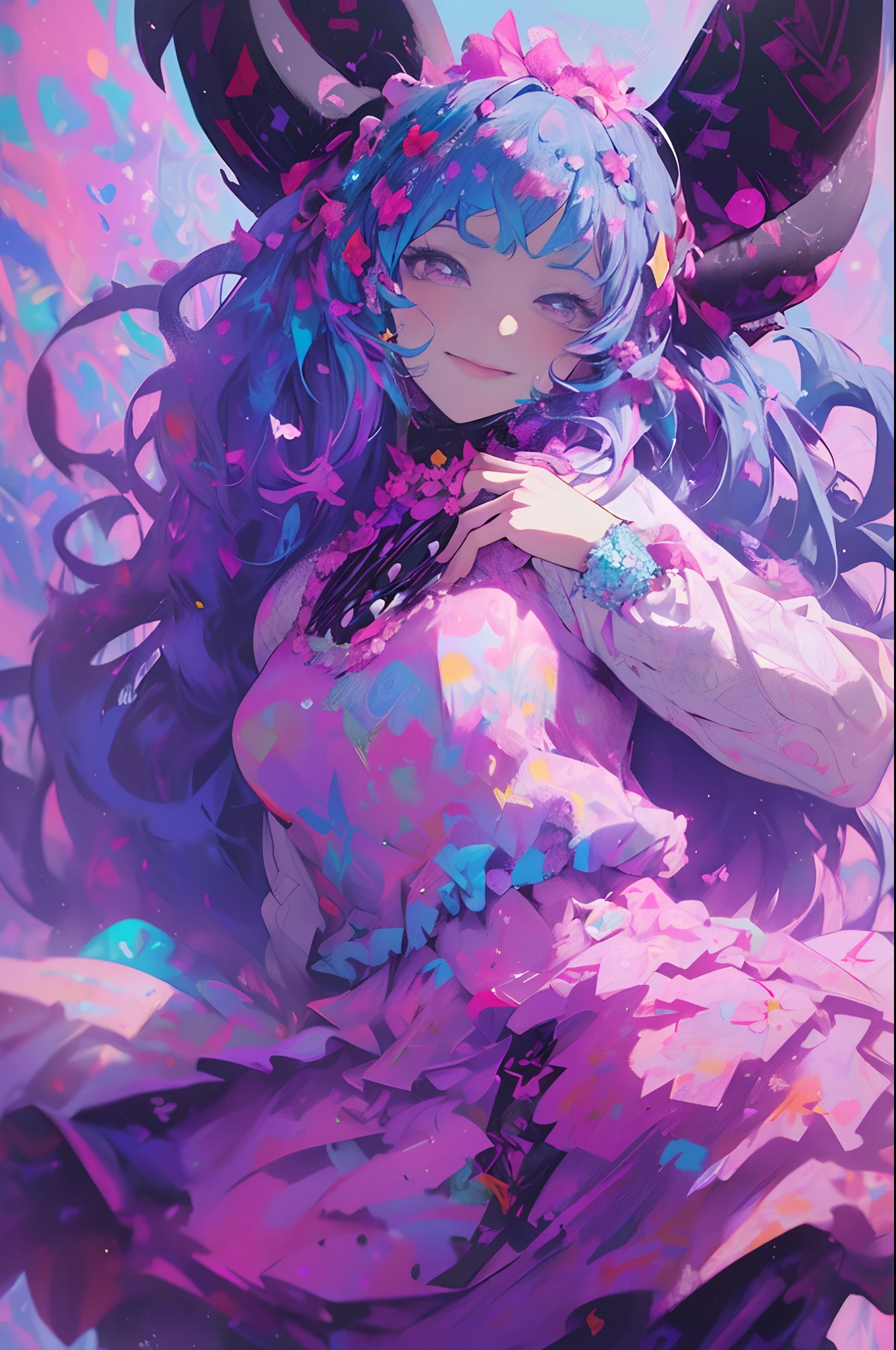 ((Flower dress),((Demon Horns)),Ghost people,innocent smiles,(1 girl, Solo:1.6),(Cute smile),(Clothes are simple), (Best Impact:1.5), (maximalism:1.7), Vivid contrast, (Realistic), hyperrealistic illustrations, hight resolution, ultra-detailliert, absurderes,(Fractal Art:1.3)、Random hairstyle、Random hair color colorful、FULL BODYSHOT、Retro、Precise focus、randome pose、cinema4d、Drama