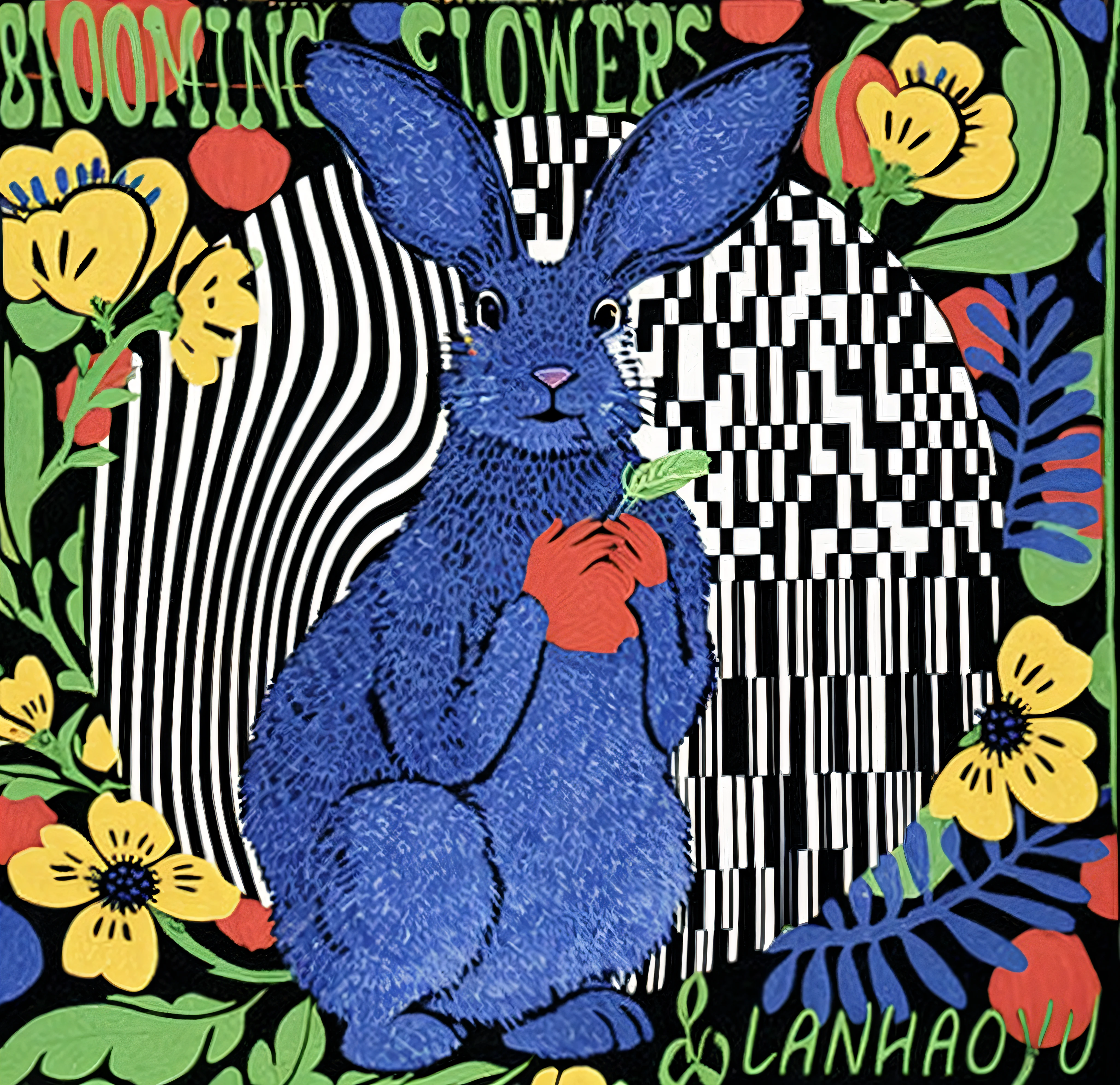 A photo of a blue rabbit,A flower in his mouth, Blooming flowers, full bloom, flowers blooming, author:Koichiro Kume, indigo blooming flowers garden, Blooming effect, blossoming, Blooming rhythm, author:Yuko Shimizu, Artwork", Artwork", Gloomy, Bloom flowers, full bloom, author:Higashiyama Kai, author:Chiho Aoshima