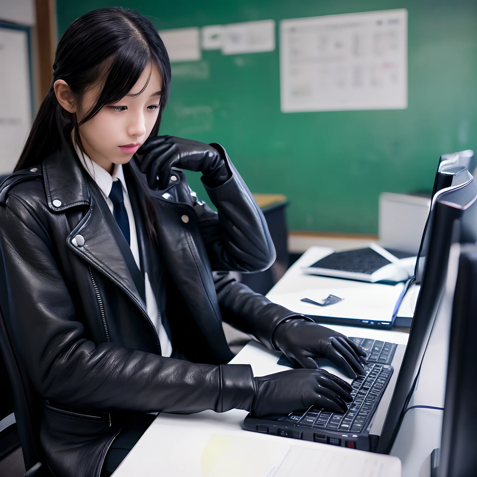 He wears black leather gloves on both hands、Black Leather Double Rider's Jacket、Black Leather Skinny Pants、Black leather long boots、Japan High School Girl、Sitting in a black leather chair、Study at a black laptop on your desk、High School Classroom、Other students also use computers