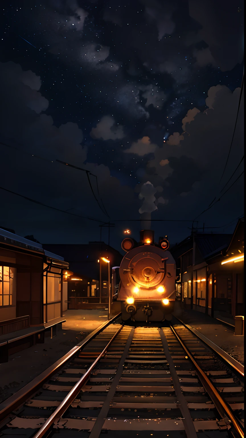 High Quality Masterpiece ,scenecy,Anime train passing through a body of water on the tracks, Glittering starry sky。Romantic Train,Pisif,concept-art,Laffy art style,Reflectors。 by makoto shinkai, lofi art, Beautiful anime scenes, Anime landscapes, detailed scenery —width 672, in the style of makoto shinkai, style of makoto shinkai,Detail Enhancement