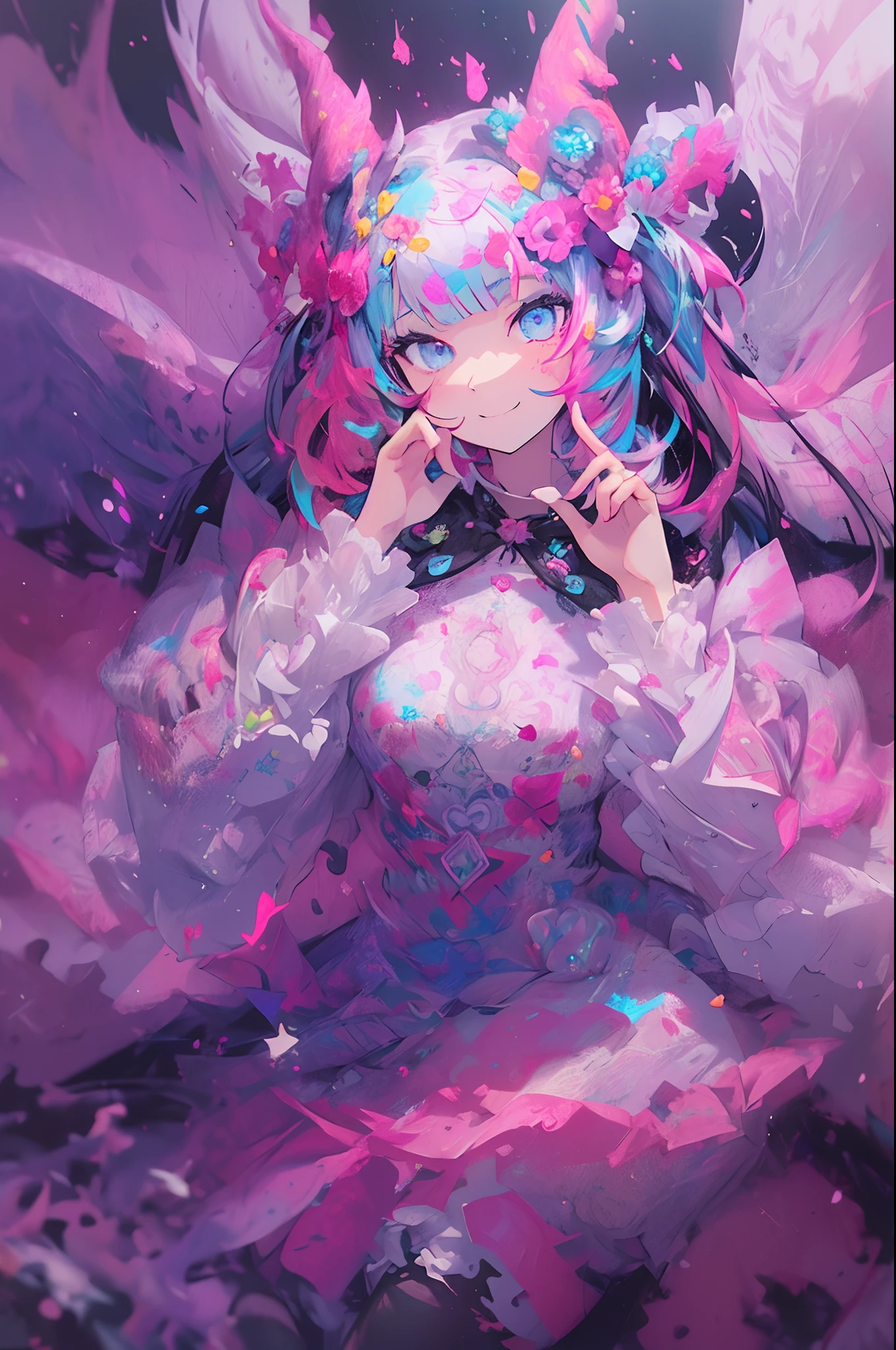 ((Flower dress),((Demon Horns))，Ghost people，innocent smiles，(1 girl, Solo:1.6),(Cute smile),(Clothes are simple), (Best Impact:1.5), (maximalism:1.7), Vivid contrast, (Realistic), hyperrealistic illustrations, hight resolution, ultra-detailliert, absurderes,(Fractal Art:1.3)、Random hairstyle、Random hair color colorful、FULL BODYSHOT、Retro、Precise focus、randome pose、cinema4d、Drama