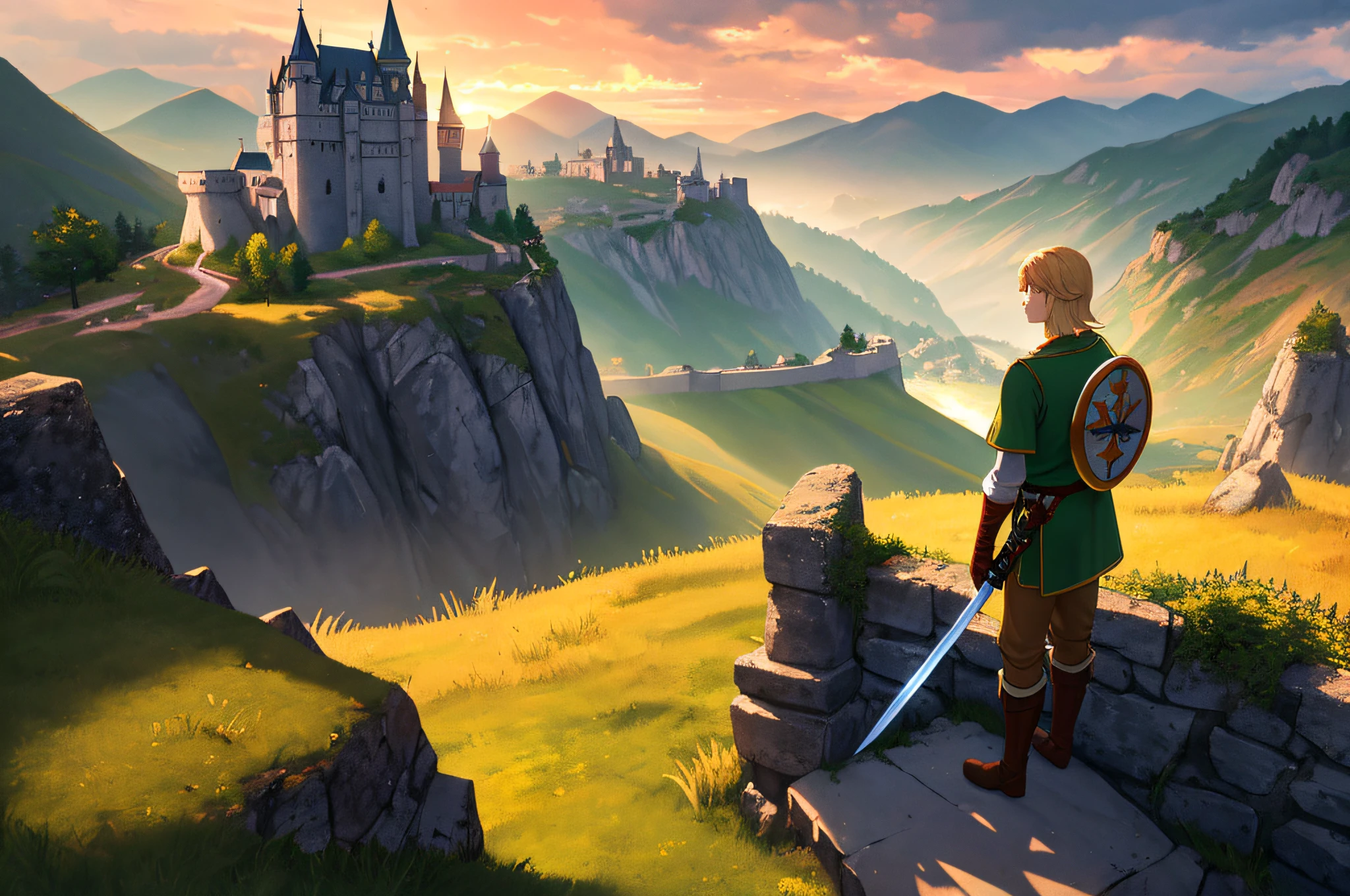 (best quality, 4k, high resolution, masterpiece: 1.2), ultra detailed, realistic,a young man standing on a cliff looking at a great landscape. The young man is wearing a green tunic, brown pants and boots. He has a sword and a shield on his back. The landscape is made up of mountains, valleys and a castle in the distance. The sky is full of orange and yellow clouds, and the sun shines through them. The colors of the image are vibrant and the atmosphere is adventurous. Image taken from the Zelda game