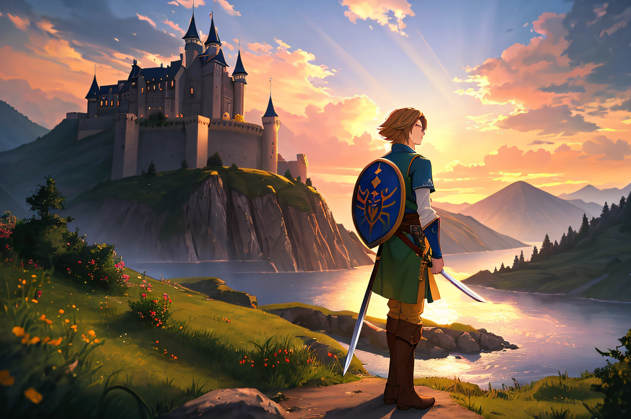 (best quality, 4k, high resolution, masterpiece: 1.2), ultra detailed, realistic,a young man standing on a cliff looking at a great landscape. The young man is wearing a green tunic, brown pants and boots. He has a sword and a shield on his back. The landscape is made up of mountains, valleys and a castle in the distance. The sky is full of orange and yellow clouds, and the sun shines through them. The colors of the image are vibrant and the atmosphere is adventurous. Image taken from the Zelda game