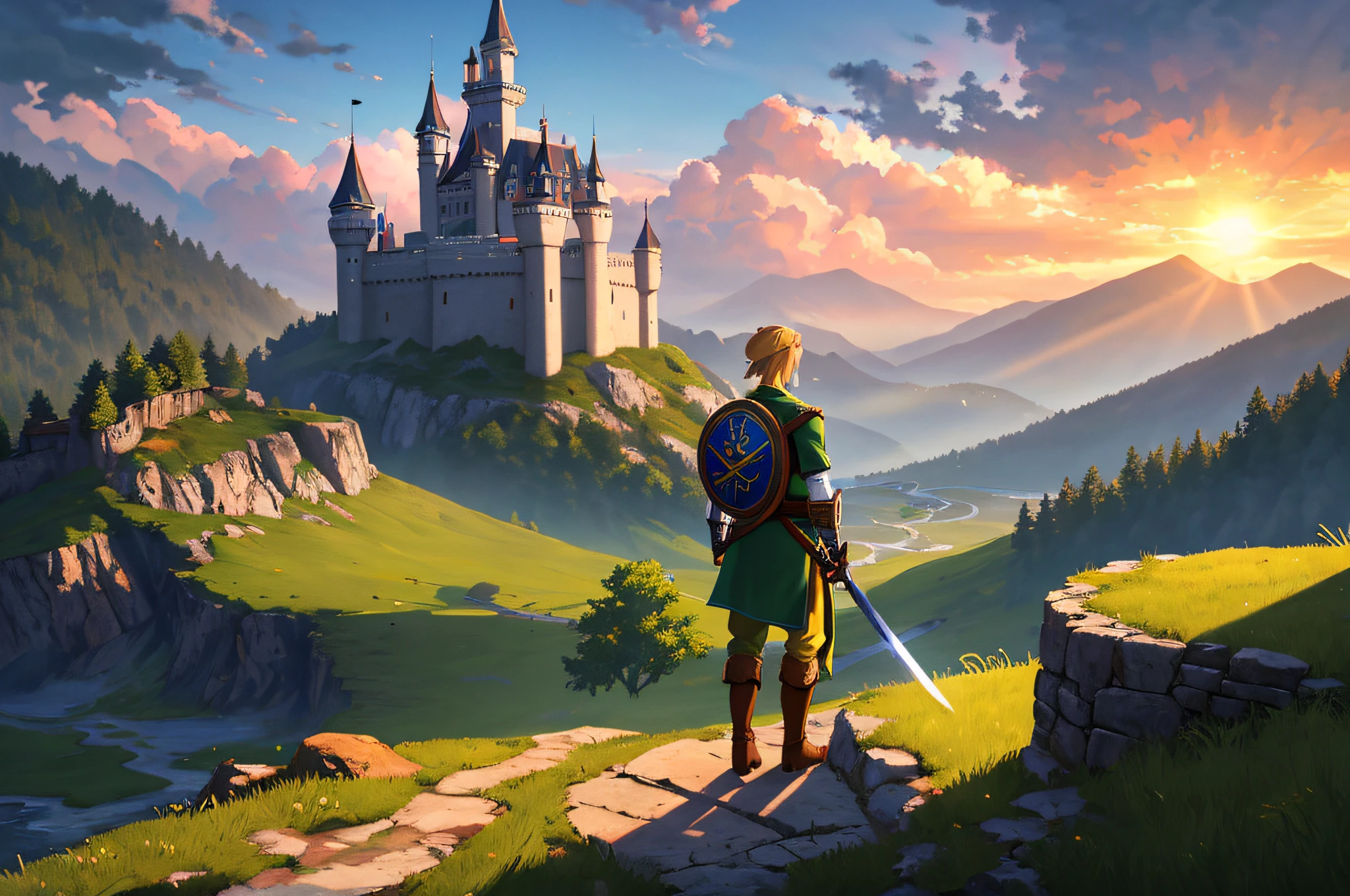 (best quality, 4k, high resolution, masterpiece: 1.2), ultra detailed, realistic,a young man standing on a cliff looking at a great landscape. The young man is wearing a green tunic, brown pants and boots. He has a sword and a shield on his back. The landscape is made up of mountains, valleys and a castle in the distance. The sky is full of orange and yellow clouds, and the sun shines through them. The colors of the image are vibrant and the atmosphere is adventurous. Image taken from the Zelda game