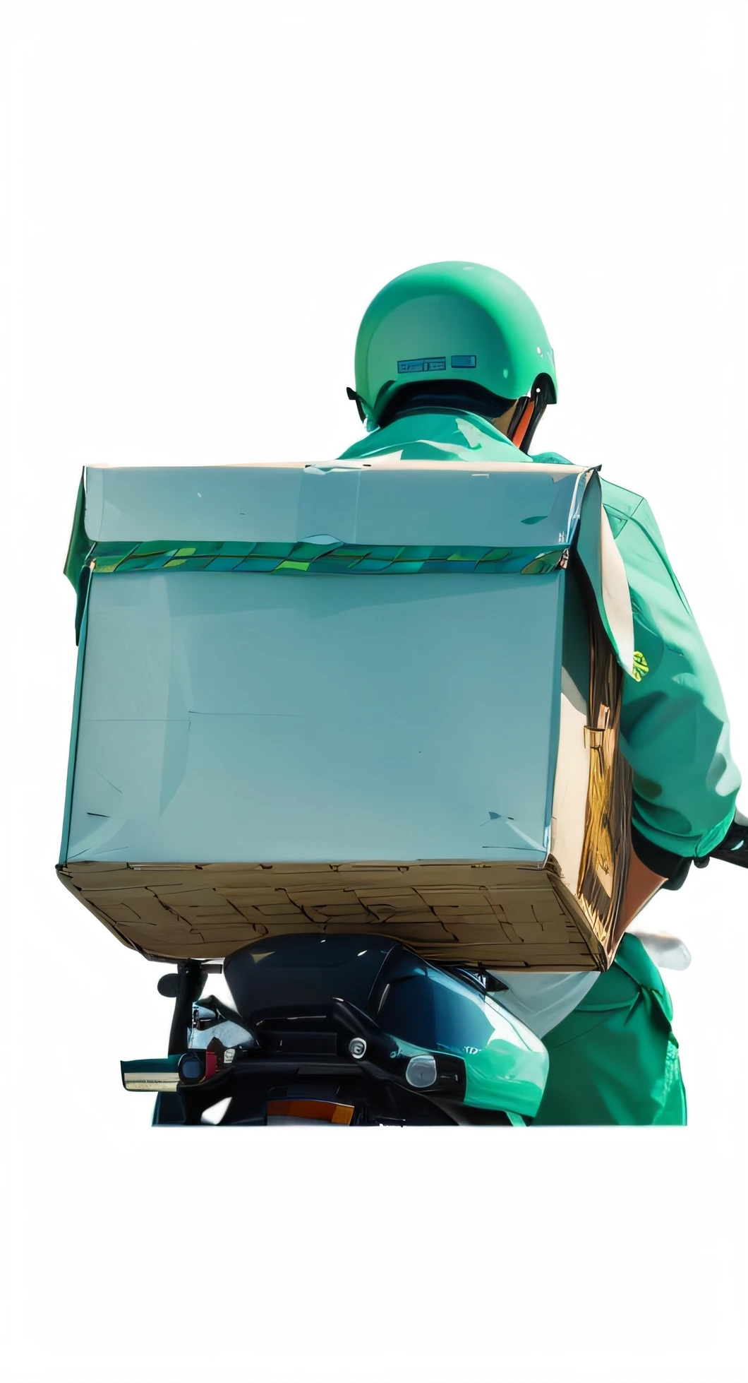 An Aafi delivery man carries a box on a motorcycle, delivering parsel box, on  back, delivering mail, without text, medium detail, A commanding, very very happy!, Fulfill packages for Amazon, close up photograph, Looking to the left, frontage, Side shot, close angle, milkman, Moped, a green, Looks to the side, full body close-up shot