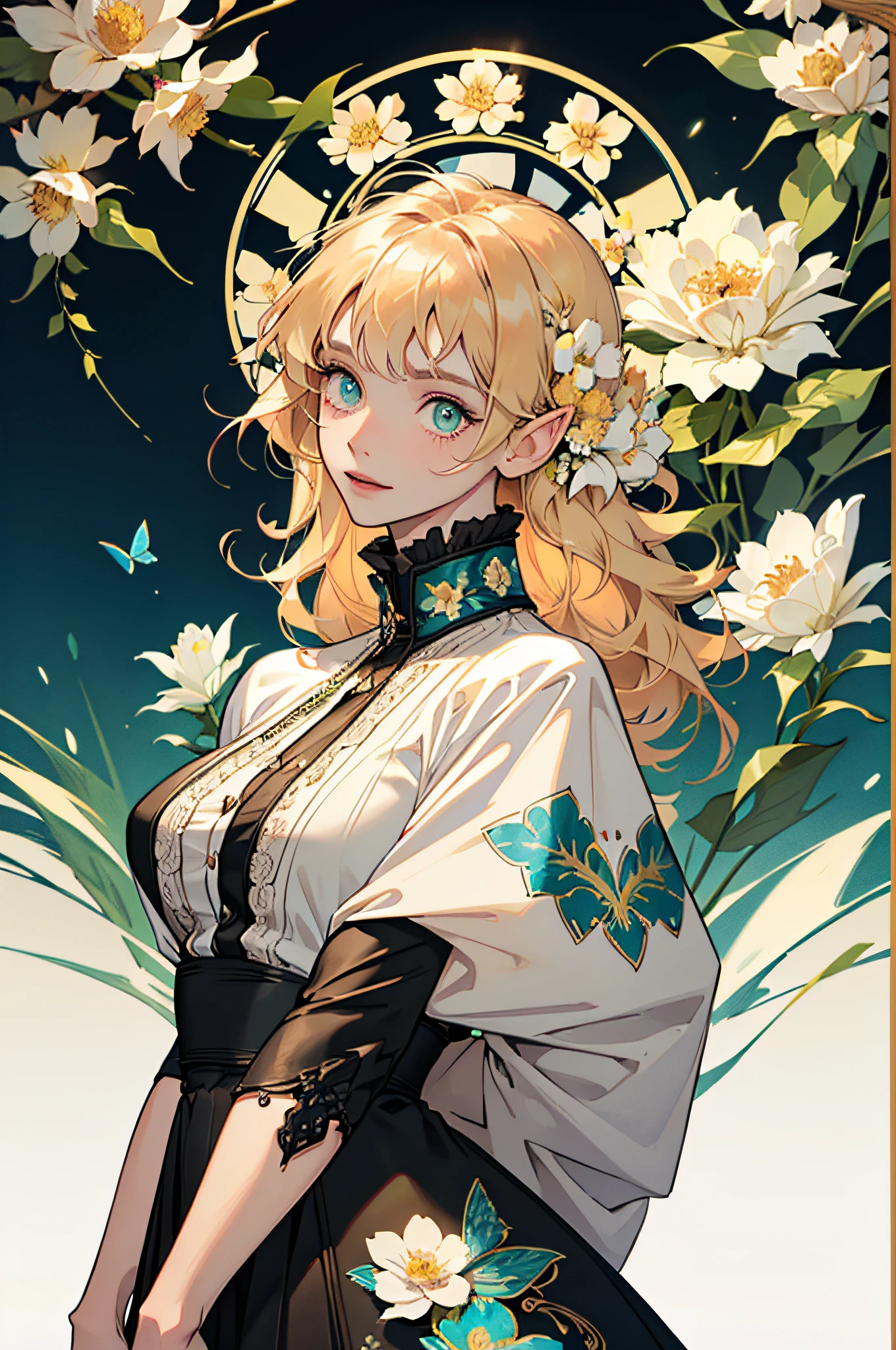 (Art Nouveau:1.25), maximalism artstyle,neon theme,Suprematism,Beautiful detailed flowers, Beautiful detailed eyes,Hyper Detailed,flower,hyper quality,,Eyes,Flowers and hair are the same color,beautifuly color,Face,Her hair is becoming a flower, flower,hair,flower,butterfly,,1 Girl Kawaii,,high details, High quality,Back Light,Hair and clothes are flowers,Upper body ,High quality,hair with body ,webbed dress, Upper body, flower leg, flower hands,body with flower, Clothes and flowers , Dress with flowers, , light Particle,Black background, hair with flower,Small breasts with flowers,Flowers and floating hair,Floating 1 Girl,tiny chest, Marbling of hair and clothes, Looking at Viewer,Original,Arm down, paper cutting, Black background, Flower for Ground, hair with flower,hight resolution, hair with flower,hair with flower ,hair, Wavy Hair ,diffuse lighting, Abstract,Butterfly with body, Hair and flowers, Her hair is flowers,big top sleeves, floating,Pupils, [[Hair over one eye]],Dark SFW,masutepiece, Best Quality, High resolution, 1girl in, Upper body, Description Girls, detail hands, Detail fingers, Detail Face, detail legs, 1girl in, elf, watercolor paiting, pale skin, Petite, Blonde hair, Long hair, Wavy Hair, Green eyes, tareme, medium breasts, white sundress, Bare back,Floral wall panel background,Looking at Viewer,[[Tears]],Smile