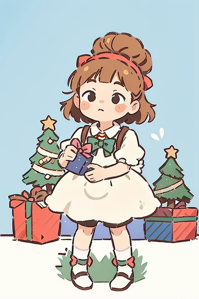 cute girl with Christmas outfit , surrounding with Christmas elements , gingerbread man , gifts , flat illustration , in style of grunge beauty , sandara tang , mixed patterns , hand drawn style , bold line and solid color