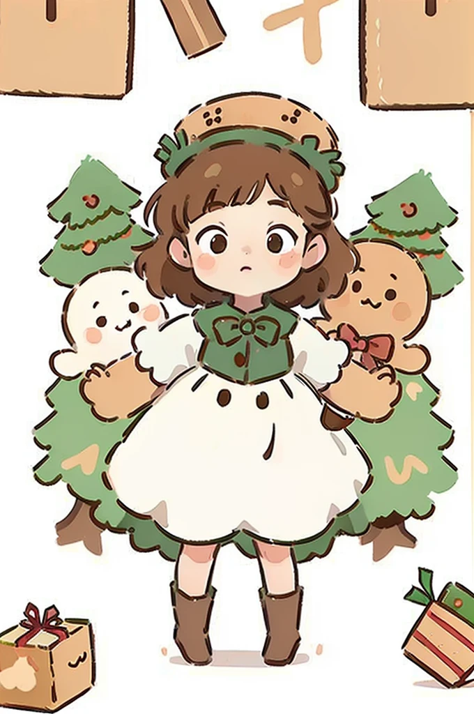 cute girl with Christmas outfit , surrounding with Christmas elements , gingerbread man , gifts , flat illustration , in style of grunge beauty , sandara tang , mixed patterns , hand drawn style , bold line and solid color