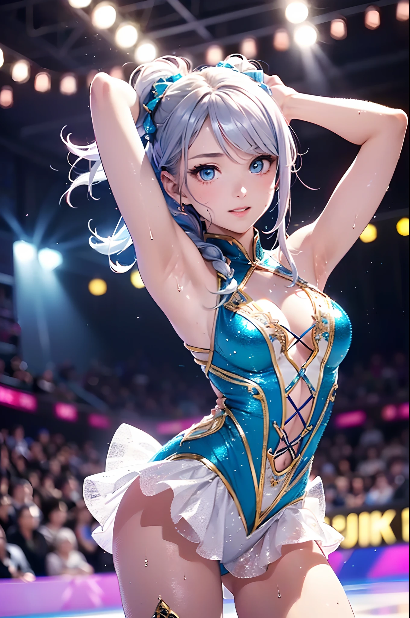(Official art、Best Quality、Unity 8k Wallpapers、32K、masterpiece、ultra-detailliert、超A high resolution、realisitic、Photorealsitic:1.2)、(Cinematic lighting:1.2)、(Full body)、Realistic pupils、Sharp pupils、Blue and white figure skating costume、While skating、frilld、foco nítido、(Self-filling appearance:1.2)、I opened my mouth a little、A slight smil、There were a lot of people in the audience、It has an enthusiastic audience、(braided ponytails、Silvery beautiful hair、Ice blue eyes)、(Play Figure Skating、Stretch your arms and glide:1.2)、thighs thighs thighs thighs、(Sweating:1.2)、
