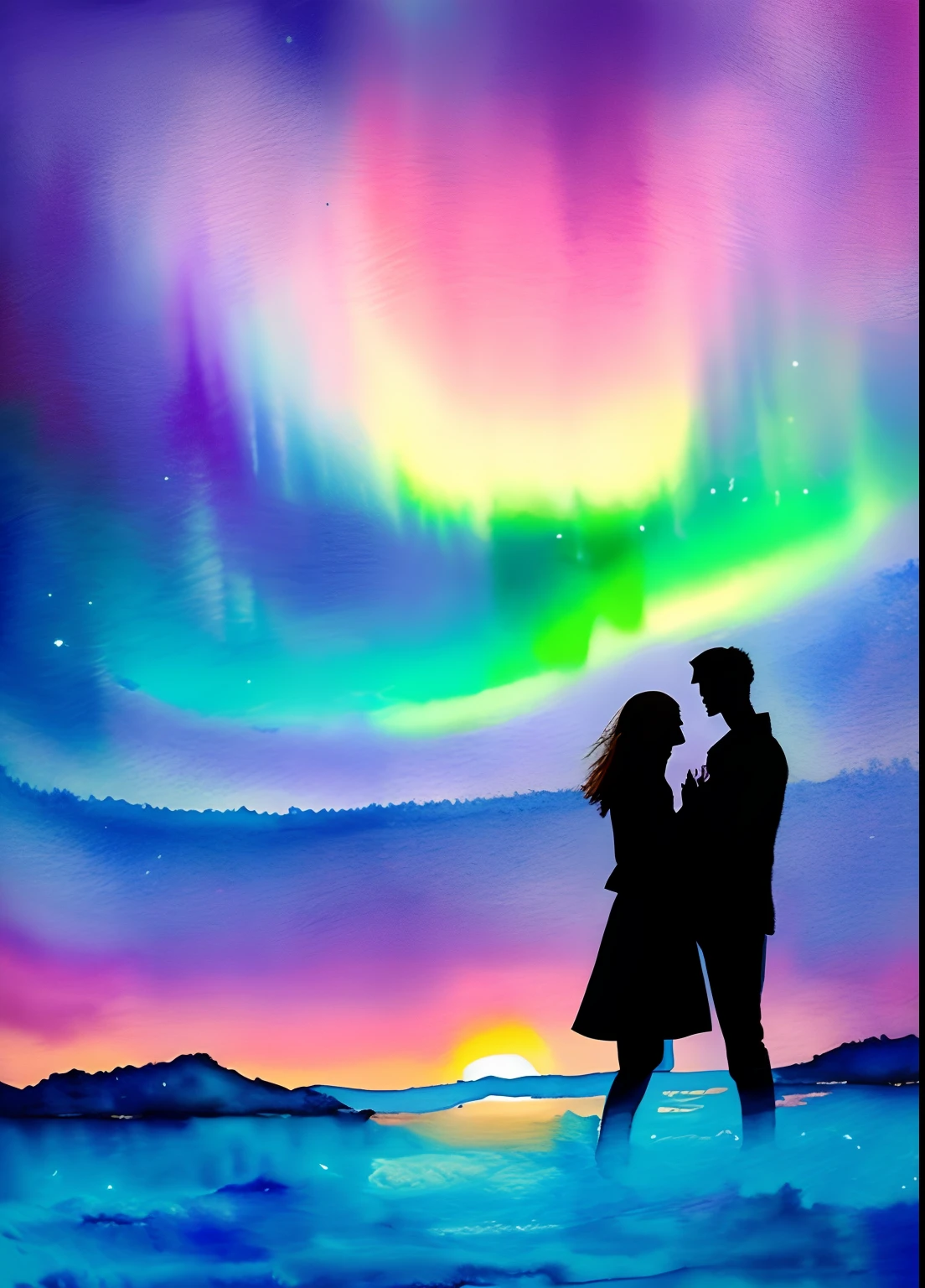 A romantic watercolor painting featuring an embracing couple surrounded by the enchanting and colorful magic of the Northern Lights. Soft pastel hues and gentle gradients create a delicate atmosphere, with the aurora casting a dreamlike glow. The couple's embrace is tender, and the overall scene exudes a sense of warmth and love. (Influences: Romantic watercolor, Technique: Layered washes, soft blending, and gradient effects)"