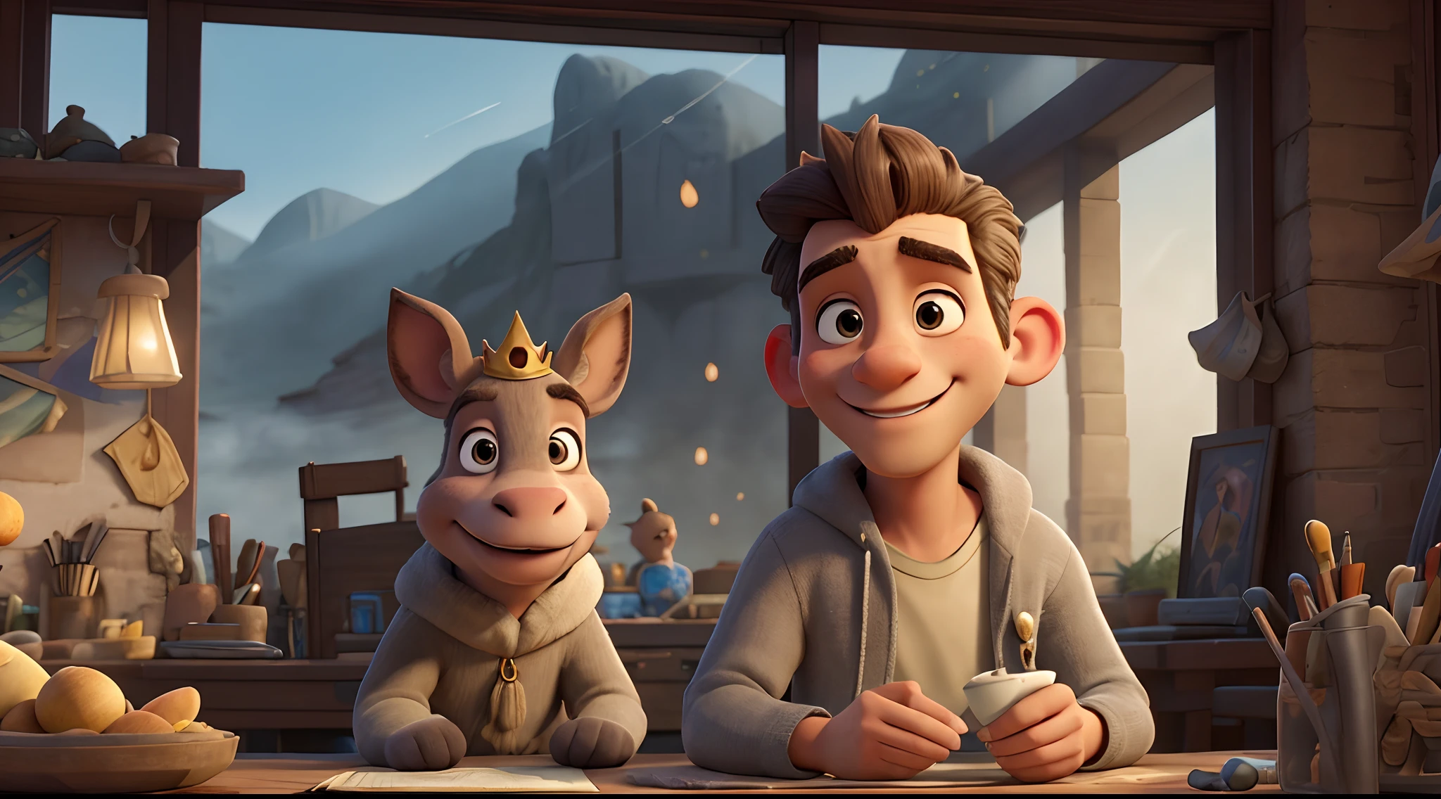 A donkey man smiles, long ears, gray color, behind you can see a king and a queen in the background.
Facing camera, Highly detailed, Digital painting, art stations, concept-art, smooth, Sharp focus, illustration, art by artgerm and greg rutkowski and alphonse mucha, 8K, volume fog, full bloom, Light rays, lumen, Scenic view