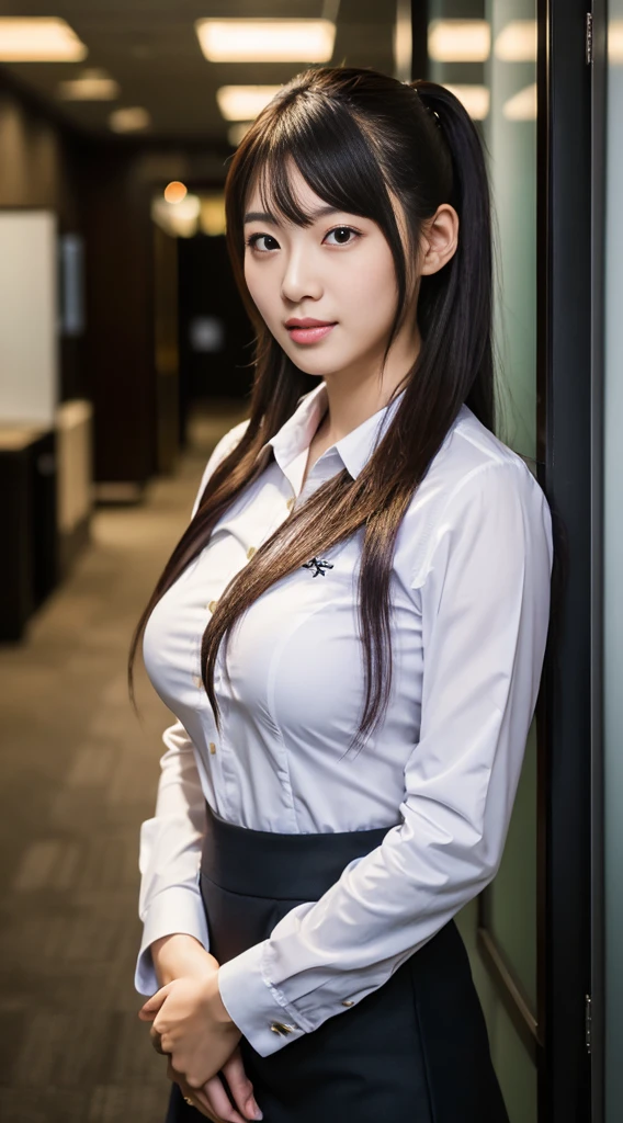 Best Quality, High Quality,Ultra Quality, 8k portrait , insanely detailed face,Japanese woman,20 years old,new employee ,enormous breasts ,side poneyTail, black Business women's suit black skirt,cowboy shot,Office Corridor