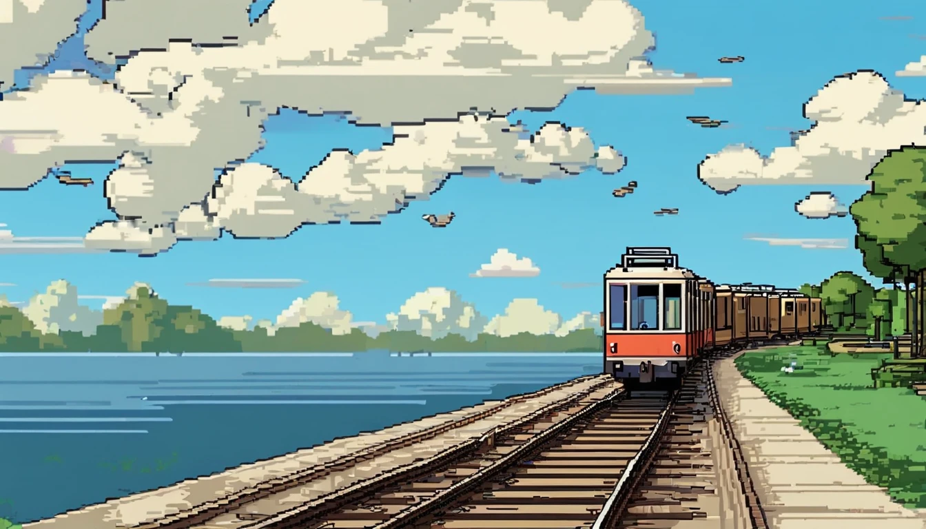 The lake and the sky are separated by a straight railway track。The lake is calm,Dark white clouds floating in the blue sky(Dynamic) (in style of hayao miyazaki)(idyllic) (comic strip)