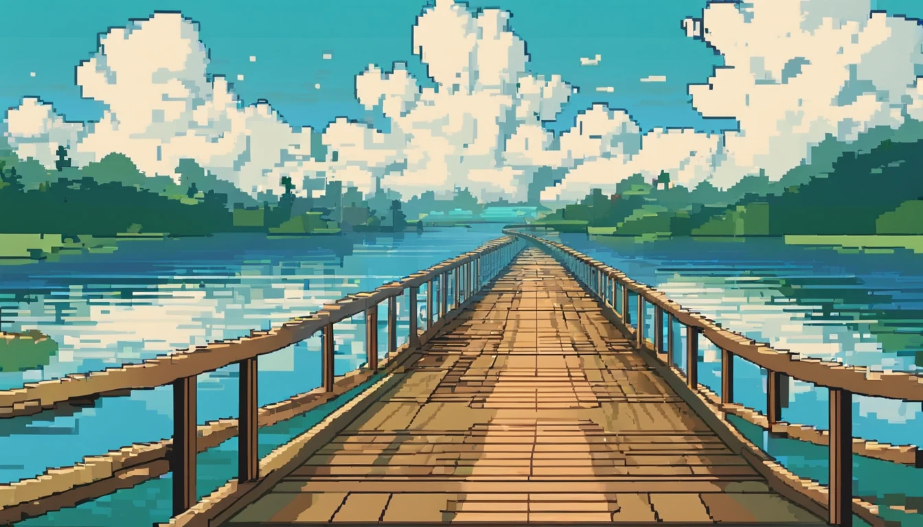 The lake and the sky are separated by a straight railway track。The lake is calm，Dark white clouds floating in the blue sky(Dynamic) (in style of hayao miyazaki)(idyllic) (comic strip)