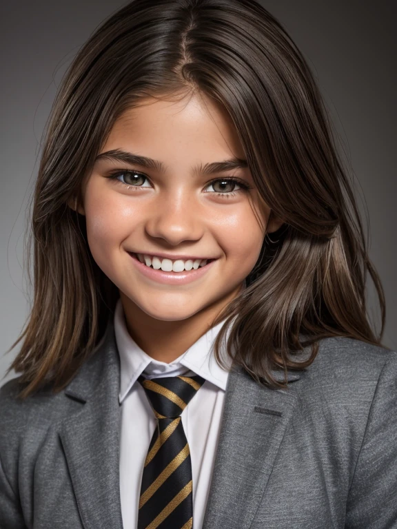 Realistic photo of an 11-year-old girl of European appearance(Yana Poplavskaya in childhood), disheveled shaggy brown hair of medium length, round face ; Large shiny dark brown eyes, long eyelashes, thick eyebrows; mischievous, Carefree, cheerful; cheerful, mischievous hooligan look, radiating genuine delight; big mouth, Large teeth; A wide hooligan grin, Showing a chipped front tooth; A direct look at the camera; athletic physique, well-defined muscles, velvety skin, Smooth natural tan; a beautiful teen-aged girl, (Early adolescence); dressed in the realistic official robe of Hogwarts School of Witchcraft and Wizardry;;;;, Hufflepuff Faculty (gold and black colors, striped tie); sporty figure, (Slight embarrassment), sneakers; Free pose ; Without cosmetics; Professional studio photography with a film SLR camera("Zorkiy-4"), hight resolution, Natural Realistic Detailed Skin Texture, natural lightin, 8K, Texture of the photo card, Maximum photorealism, Full-length photo on a gray background