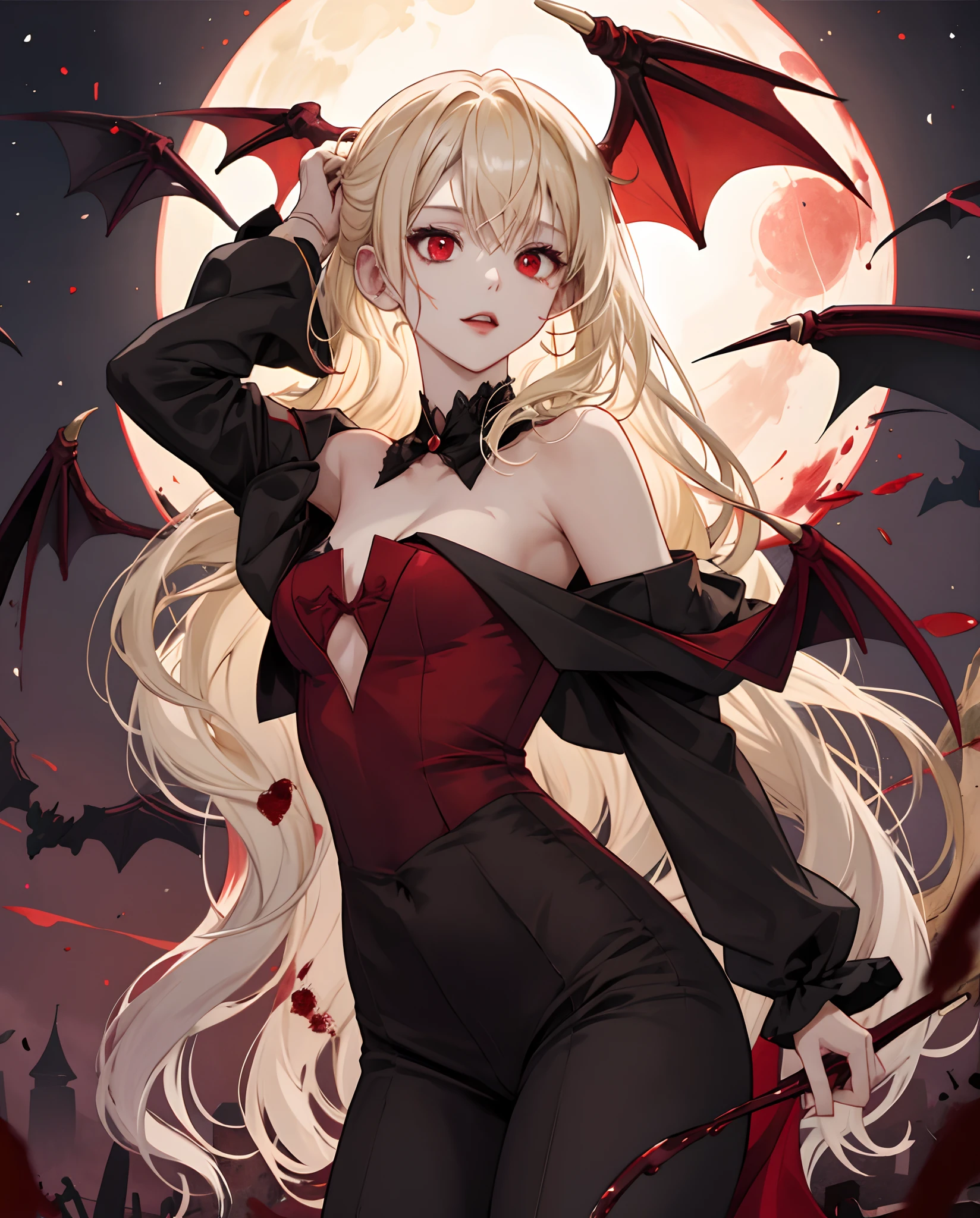 goddess of vampires, beautiful, evil, seductive, evil smile, perfect body, long blonde hair
