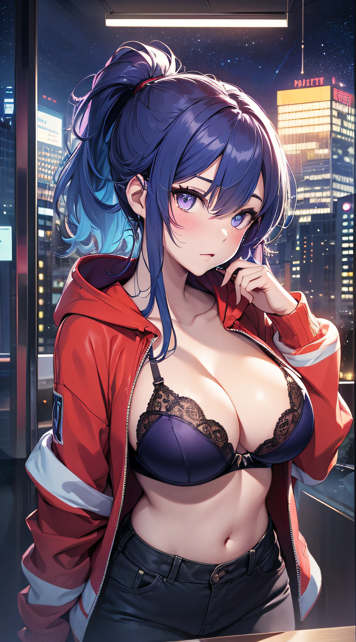 top-quality、Top image quality、​masterpiece、girl with((18year old、Best Bust、big bast,Beautiful purple eyes、Breasts wide open, Blue hair ponytail、A slender、Large valleys、、Reflecting the whole body、Red face、Slippery texture、Blue Hoodie、Black bra、White pants、Undressing Pose、)）hiquality、Beautiful Art、Background with((Office at night)))、,masutepiece、visualart、depth of fields、