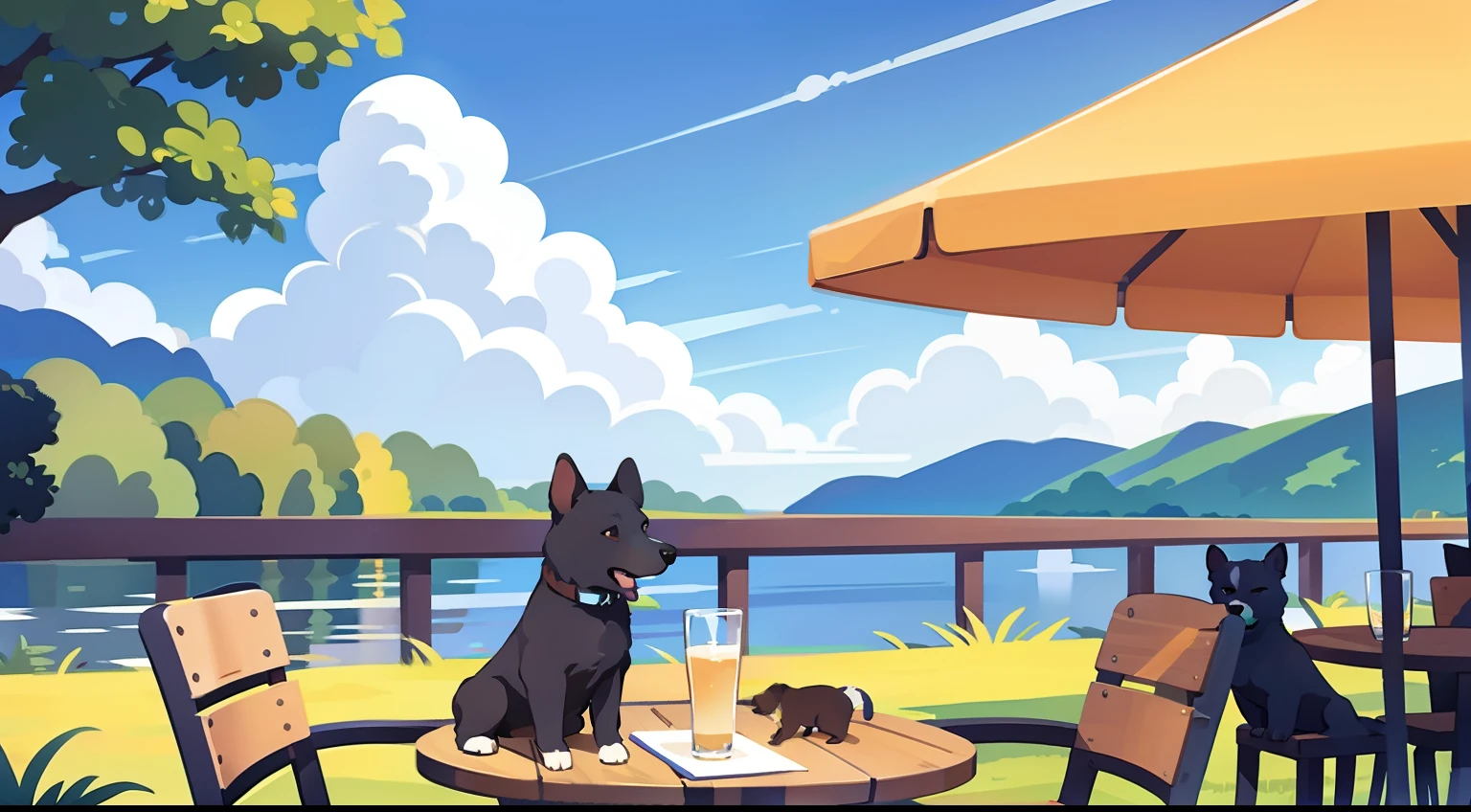 Beautiful landscape painting、Cafe terrace seating、blue-sky、ultra-quality、masutepiece、Natural Color、Brown dog on a chair、Black dog