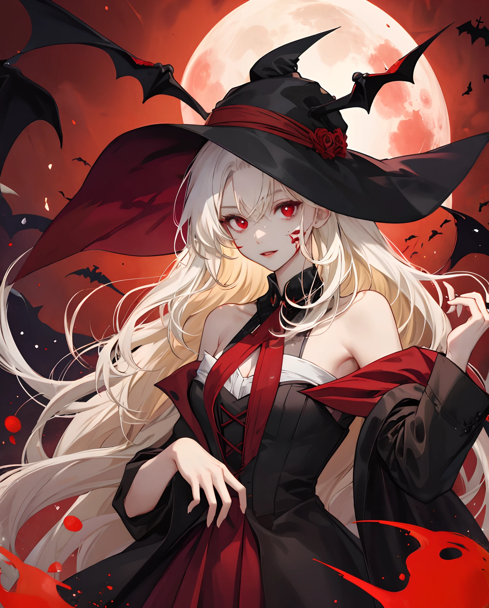 Bat girl with long red eyes with white hair、doress、Red Moon Blonde Girl One、red eyes、Vampire、doress、off shoulders、Red Moon、Midnight、Black tuxedo、Return blood、Blood Rain、bloods、Blood pools、Blonde Long