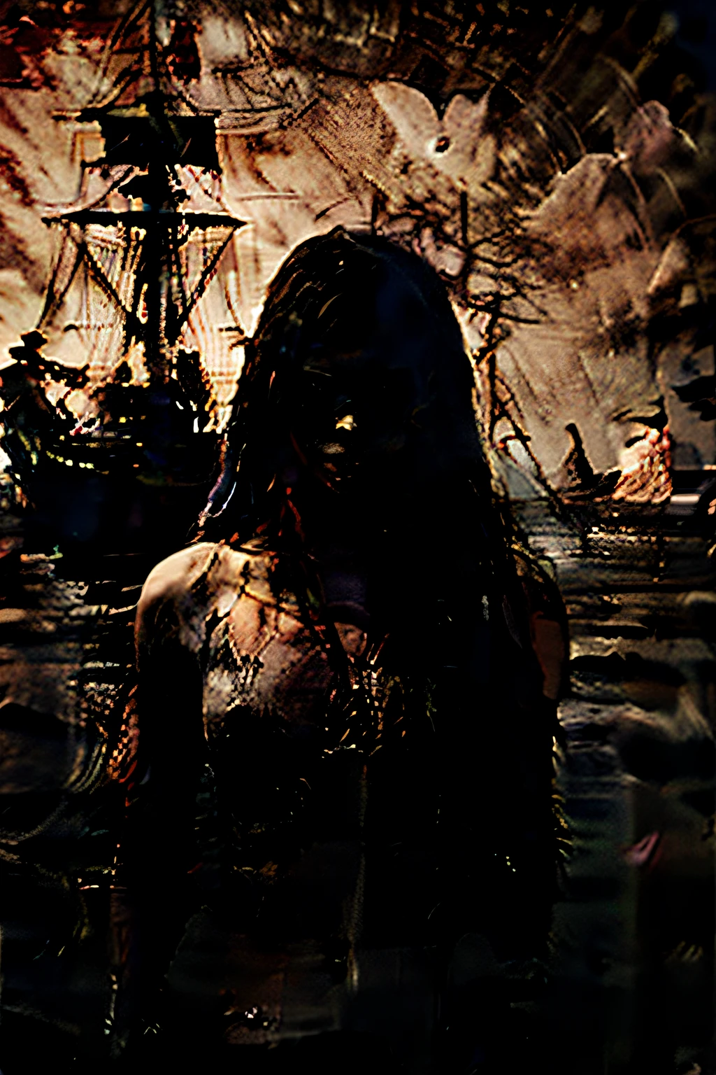 navio pirata velho flutuando, noite, sinistra, arte sombria, terror, 8k, epic, fantastico