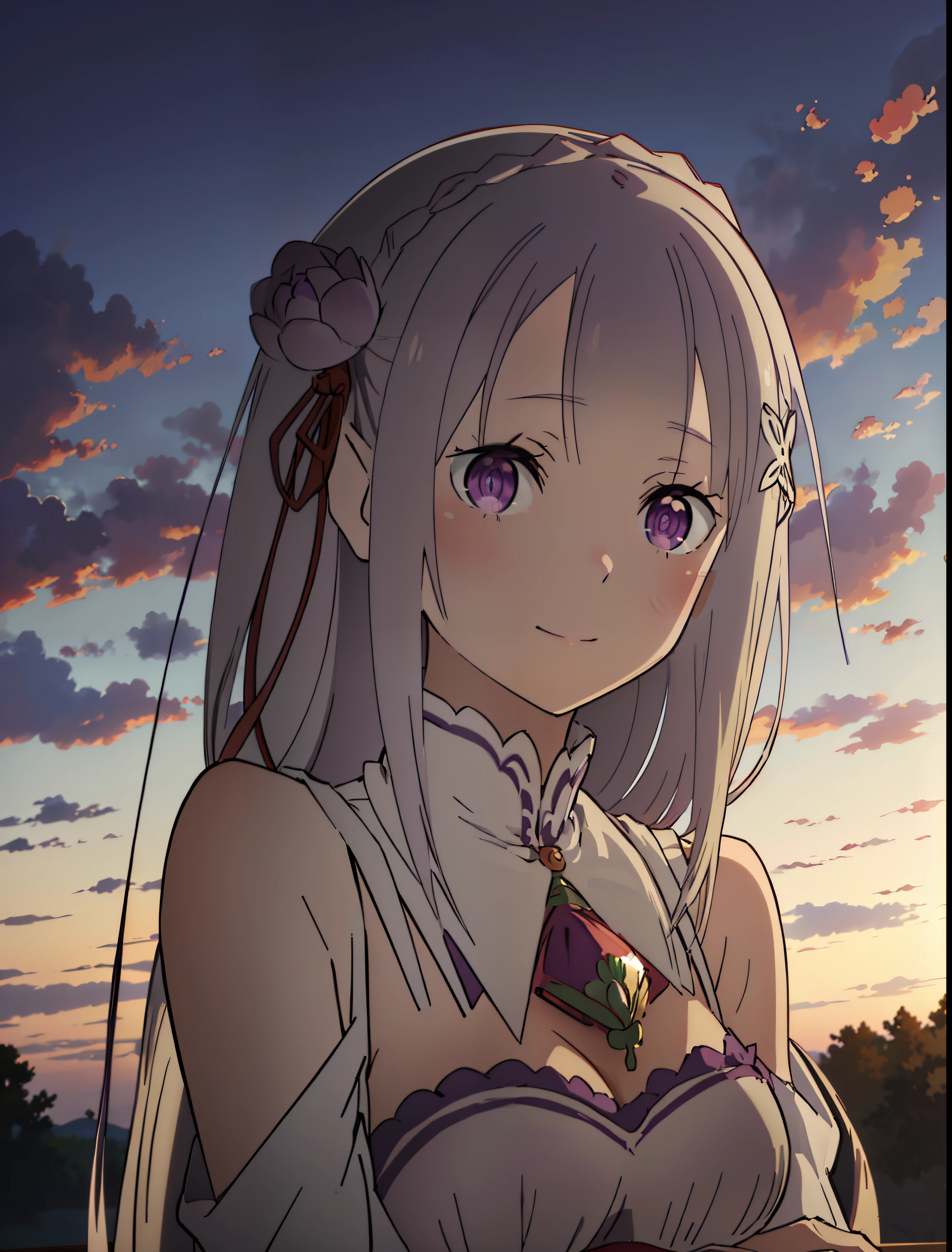 Femilia, 1girl in, Solo, breasts, Smile,((masutepiece,Best Quality:1.4),Ultra-detailed,(Intricate details:1.1),Cinematic Light,short bangs,Beautiful detailed eyes,Red Buck Round, Blue sky, Purple Sky)