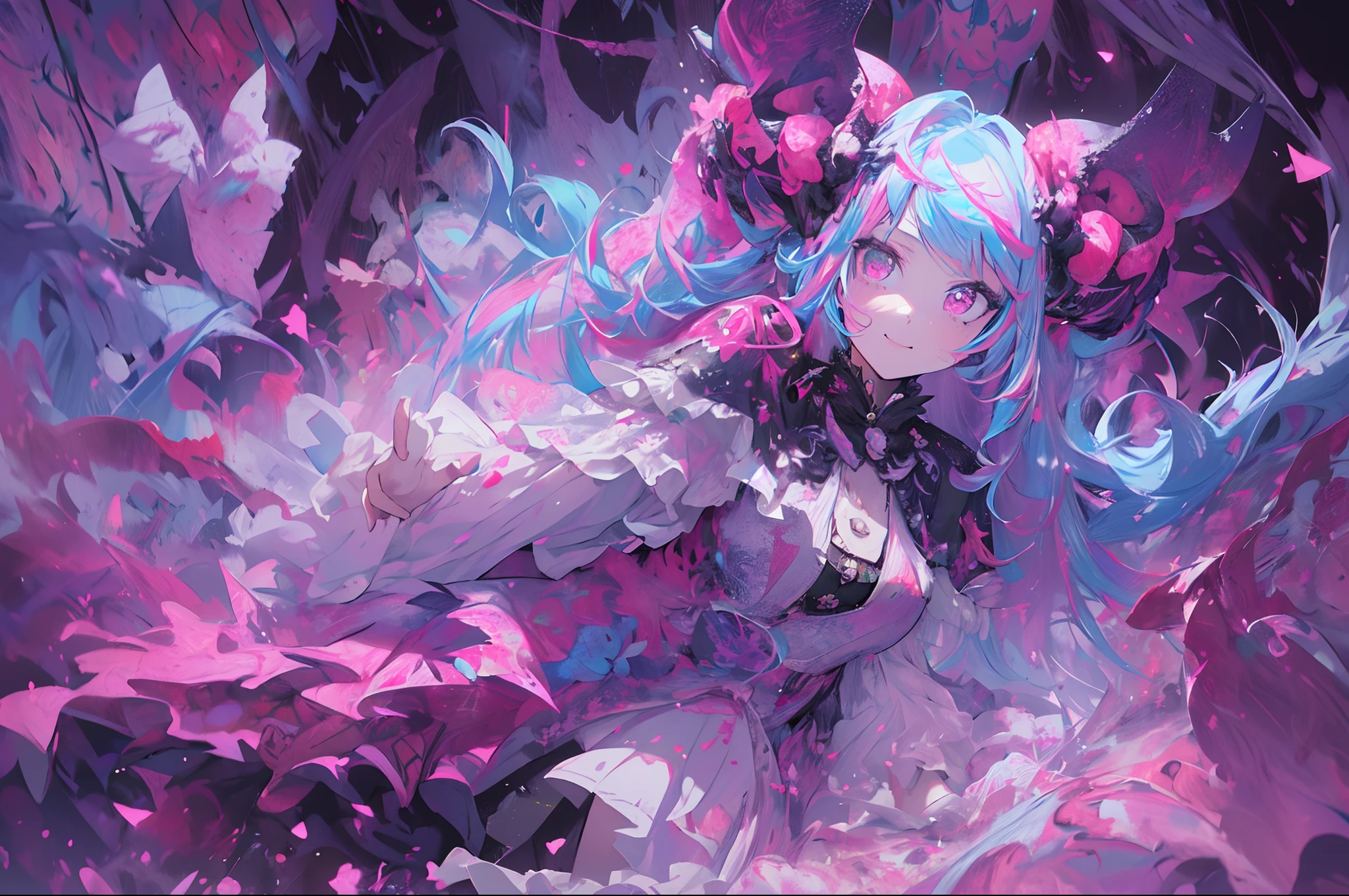 ((Flower dress),((demonic horns)),Ghost people,innocent smiles,(1 girl, Solo:1.6),(Cute smile),(Clothes are simple), (Best Impact:1.5), (maximalism:1.7), Vivid contrast, (Realistic), hyperrealistic illustrations, hight resolution, ultra-detailliert, absurderes,(Fractal Art:1.3)、Random hairstyle、Random hair color colorful、FULL BODYSHOT、Retro、Precise focus、randome pose、cinema4d、Drama