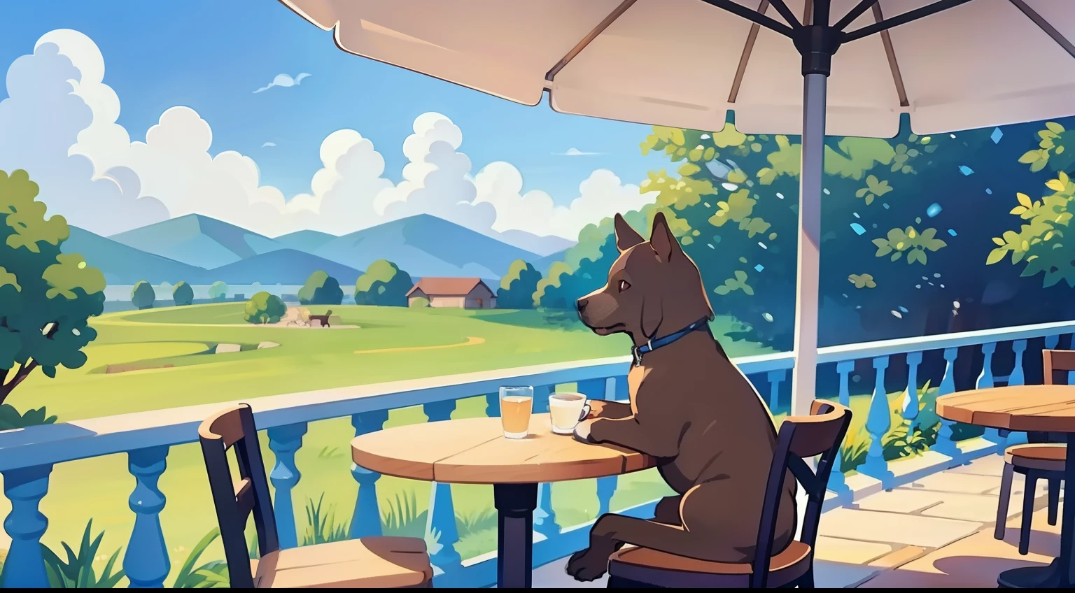 Beautiful landscape painting、Cafe terrace seating、blue-sky、ultra-quality、masutepiece、Natural Color、Brown dog on a chair、Black dog