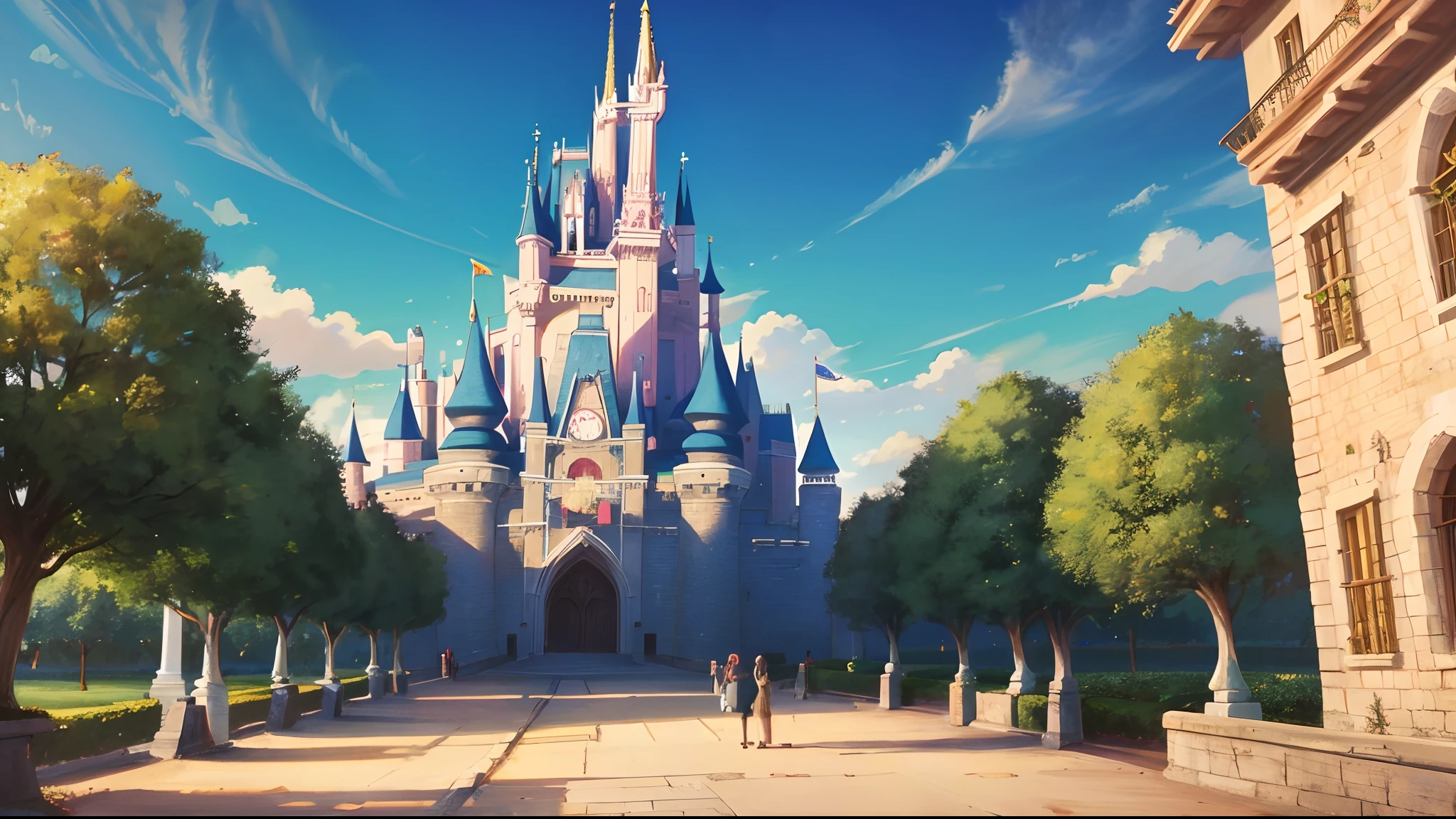 Immagine per cartone animato stile Disney. Un asino in pixar-style con le orecchie molto lunghe che suona il liuto davanti ad un grande castello. L'asino canta, felice, festa. In front of the castle there is a gate with two guards