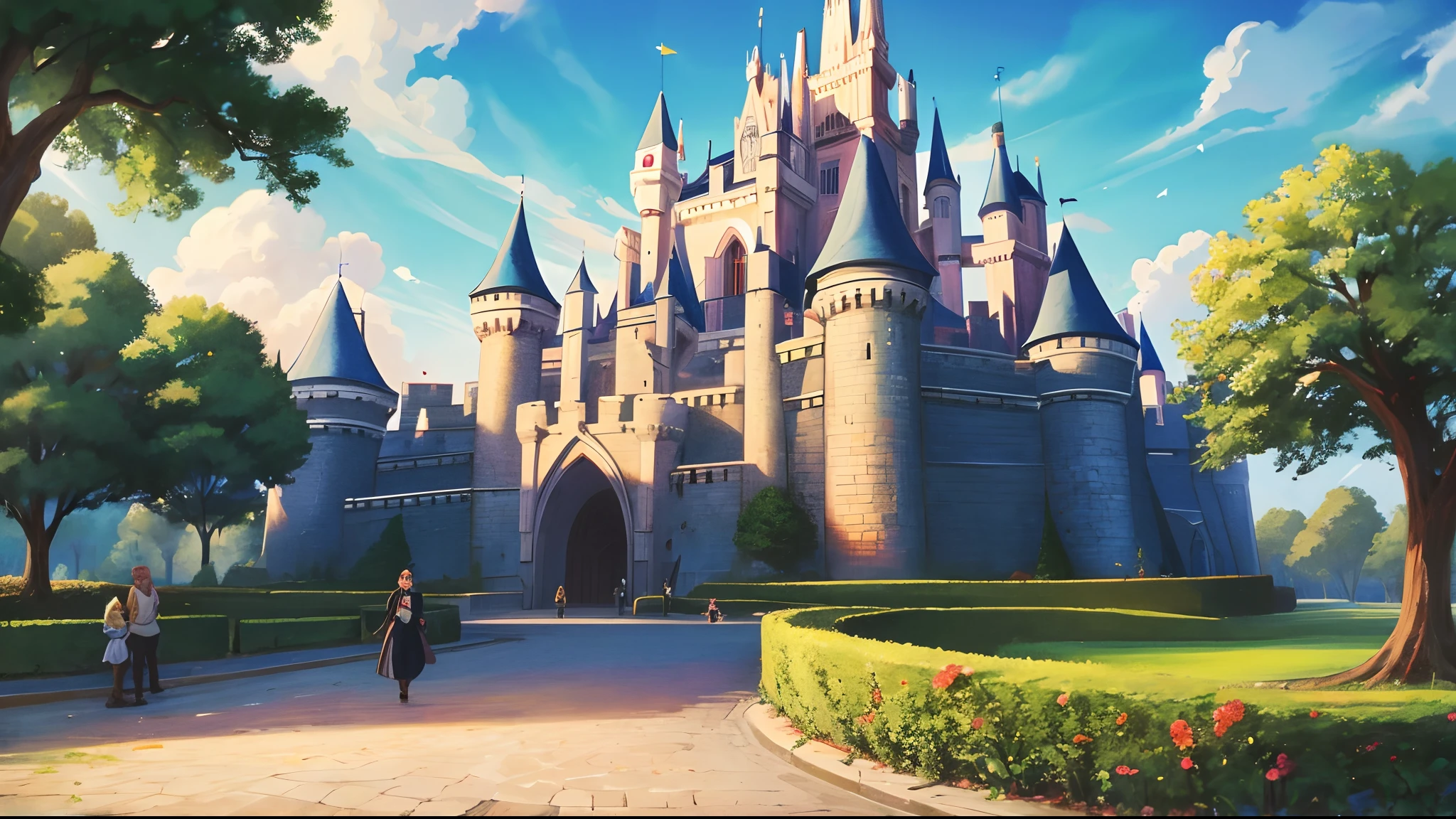 Immagine per cartone animato stile Disney. Un asino in pixar-style con le orecchie molto lunghe che suona il liuto davanti ad un grande castello. L'asino canta, felice, festa. In front of the castle there is a gate with two guards
