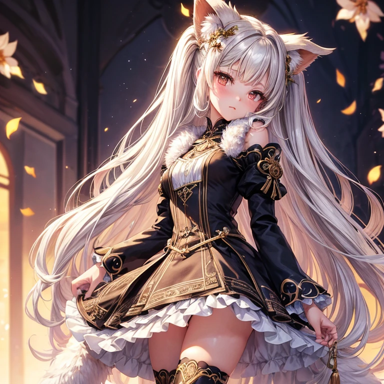 a extremely delicate and beautiful girl, intricate detail, super fine illustrations, whole body, Girls' Front, focus on the girl, head tilt, petite, 1 girl, young girls, detailed long hair, curly hair, Air bangs, beautiful and detailed loong tail, hair intakes, black and white hair, Beautiful face, ^ ^, lovely big eyes, perfect hands, small breast, zettai ryouiki, light brown eyes, furry, luxurious hair ornament, fur trim, dress with flower, frilled sleeves, knee boots, flowers Surrounded, dreamcore, glowing particles, an extremely delicate and beautiful, wallpaper 8k CG, hyper quality, Gorgeous and rich graphics,