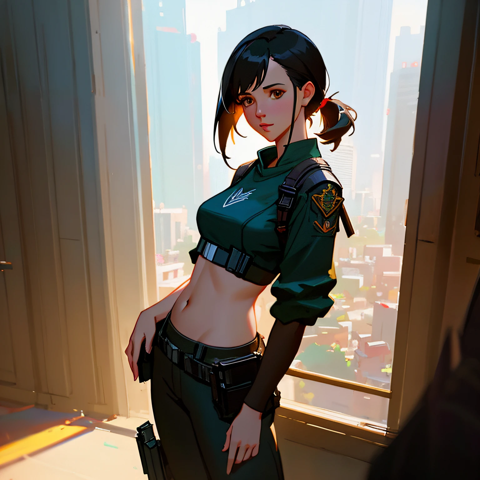 Young Jennifer Love Hewitt, crop top from a cyberpunk movie, looking over a balcony. sexy, professional majestic oil painting by Ed Blinkey, Atey Ghailan, Studio Ghibli, by Jeremy Mann, Greg Manchess, Antonio Moro, trending on ArtStation, trending on CGSociety, Intricate, High Detail, Sharp focus, dramatic, photorealistic painting art by midjourney and greg rutkowski