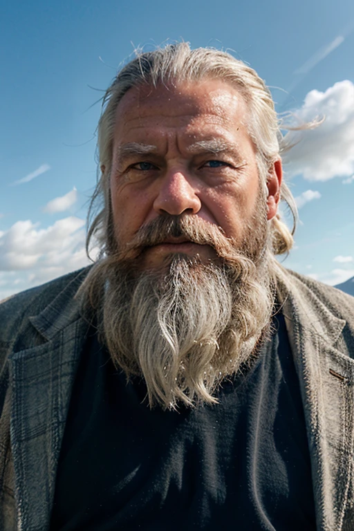 old man, white beard, long::10, full, wispy, blowing, wind, highland,