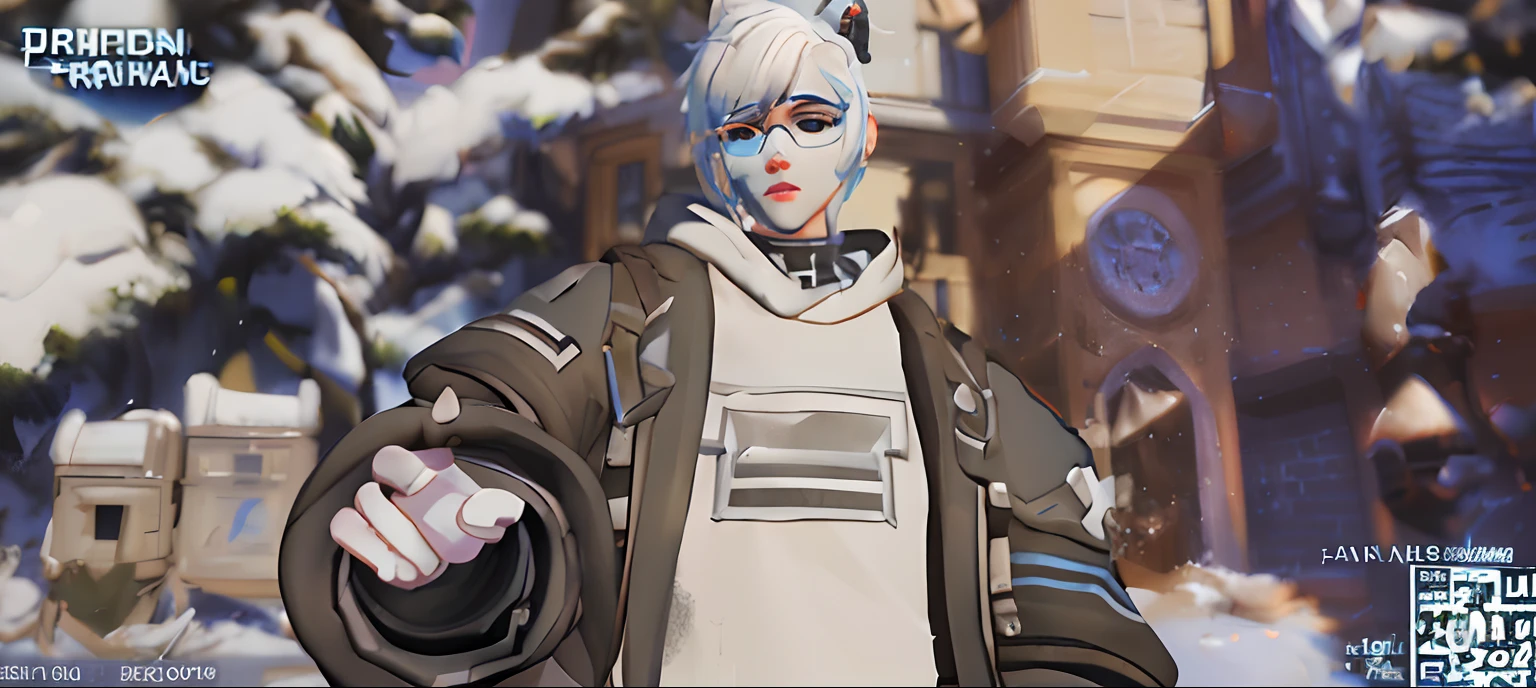 anime character with white hair and black jacket pointing at camera, as an overwatch character, as overwatch character, sigma from overwatch, overwatch character, overwatch inspired, echo from overwatch, from overwatch, freezing blue skin, overwatch style, overwatch skin, lunar themed attire, screenshot from overwatch, xqc, heavy winter aesthetics, inspired by Huang Shen, baptiste from overwatch