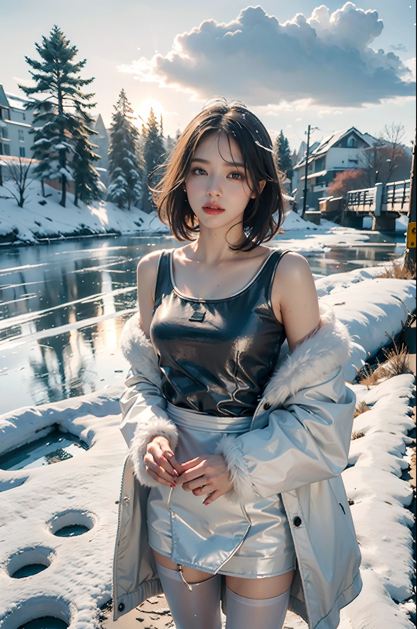 best quality, masterpiece, photo realistic, intricate details, raw photo, photon rendering, octane render, absurdres, ultra detailed, detailed face, detailed skin, trending on artstation,8k masterpiece,cinematic lighting, scenery, scenery,cityscape, sky, city,(winter,snowscape,rime:1.3),cloud, outdoors, building, sunset, city lights, bridge, river, tree, roadn, a beautiful girl,solo,small head,small face,((shoulder length straight bob hair)),small breasts,slim,thin,clear face,white and smooth skin,Extremely detailed facial details, exquisite makeup,perfect flawless face,big watery eyes,red lips,((thick White mink coat)),underneath the coat is white tank top and pantyhose