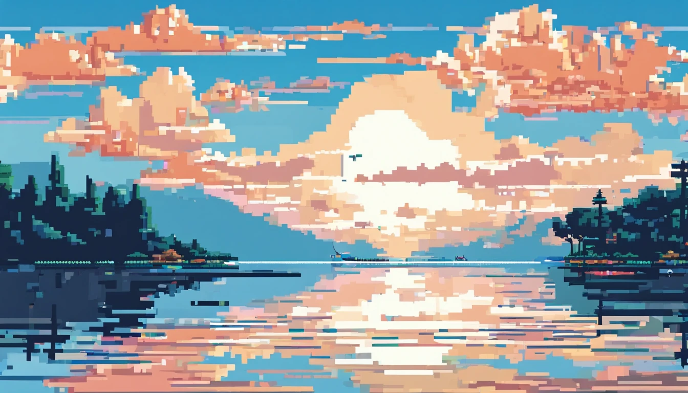 The lake and the sky are separated by a straight track。The lake is calm,Pure white clouds floating in the blue sky(Dynamic) (in style of hayao miyazaki)(idyllic) (comic strip)