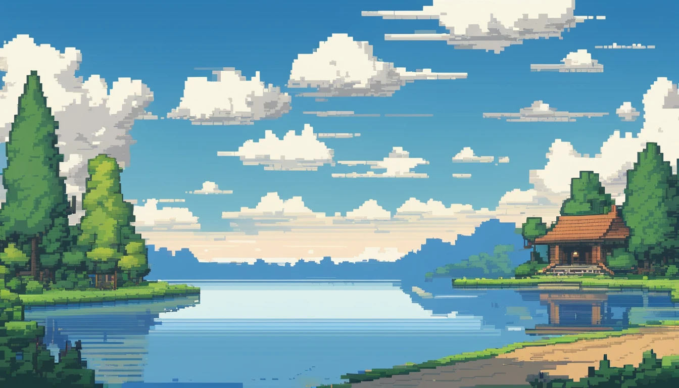 The lake and the sky are separated by a straight track。The lake is calm,Pure white clouds floating in the blue sky(Dynamic) (in style of hayao miyazaki)(idyllic) (comic strip)