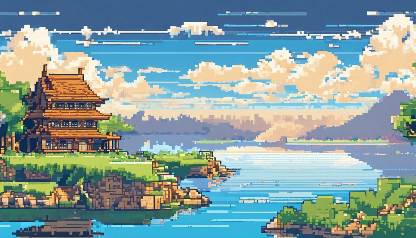 The lake and the sky are separated by a straight track。The lake is calm,Pure white clouds floating in the blue sky(Dynamic) (in style of hayao miyazaki)(idyllic) (comic strip)