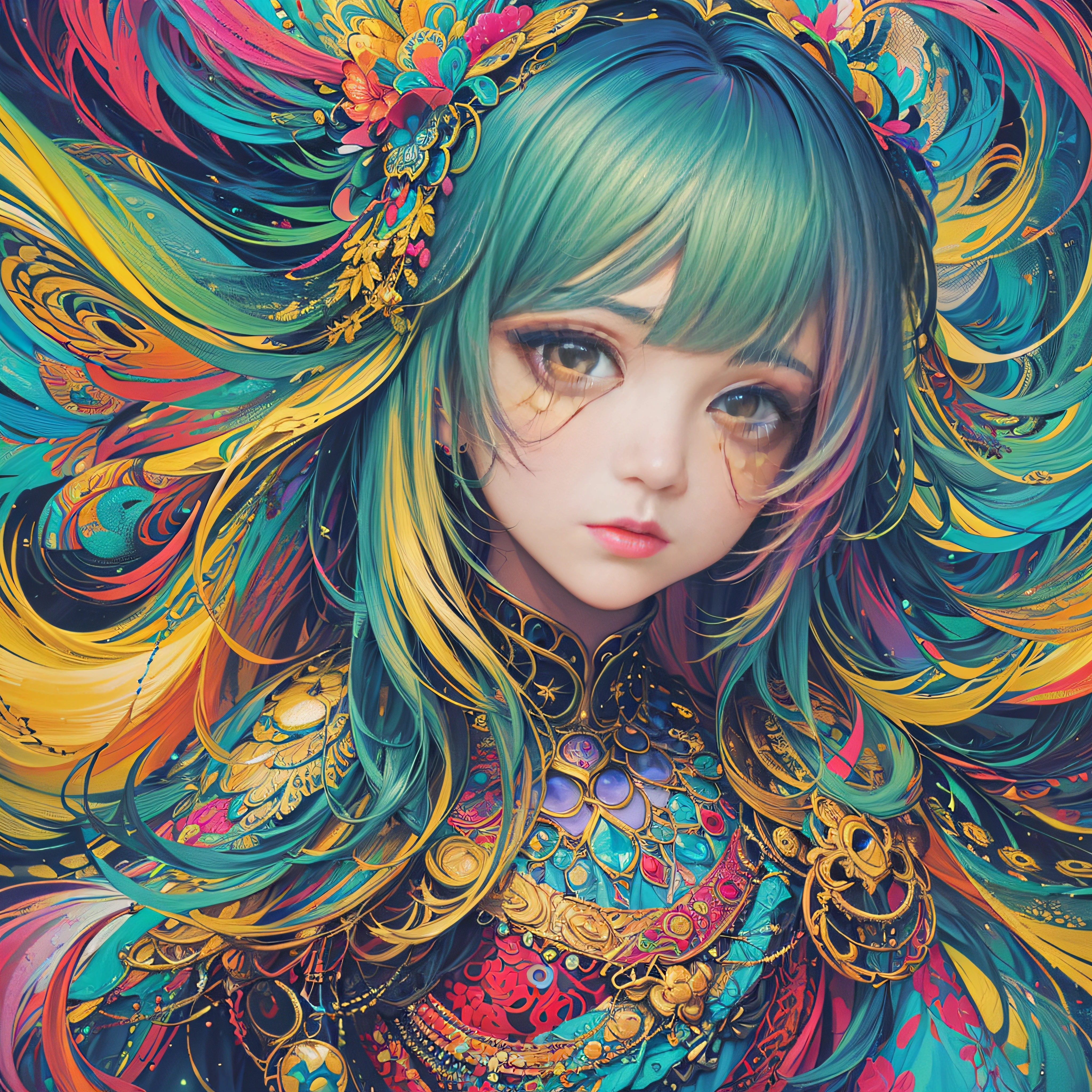 (masterpiece、top-quality、top-quality、Official art、Beautifully Aesthetic:1.2)、Highly detailed fractal art、(colourfull:1.5)、highest details、Zentangle、a closeup、 (1girl in:1.5), 独奏, (dynamicposes), (Abstract background:1.5), (shinny skin),