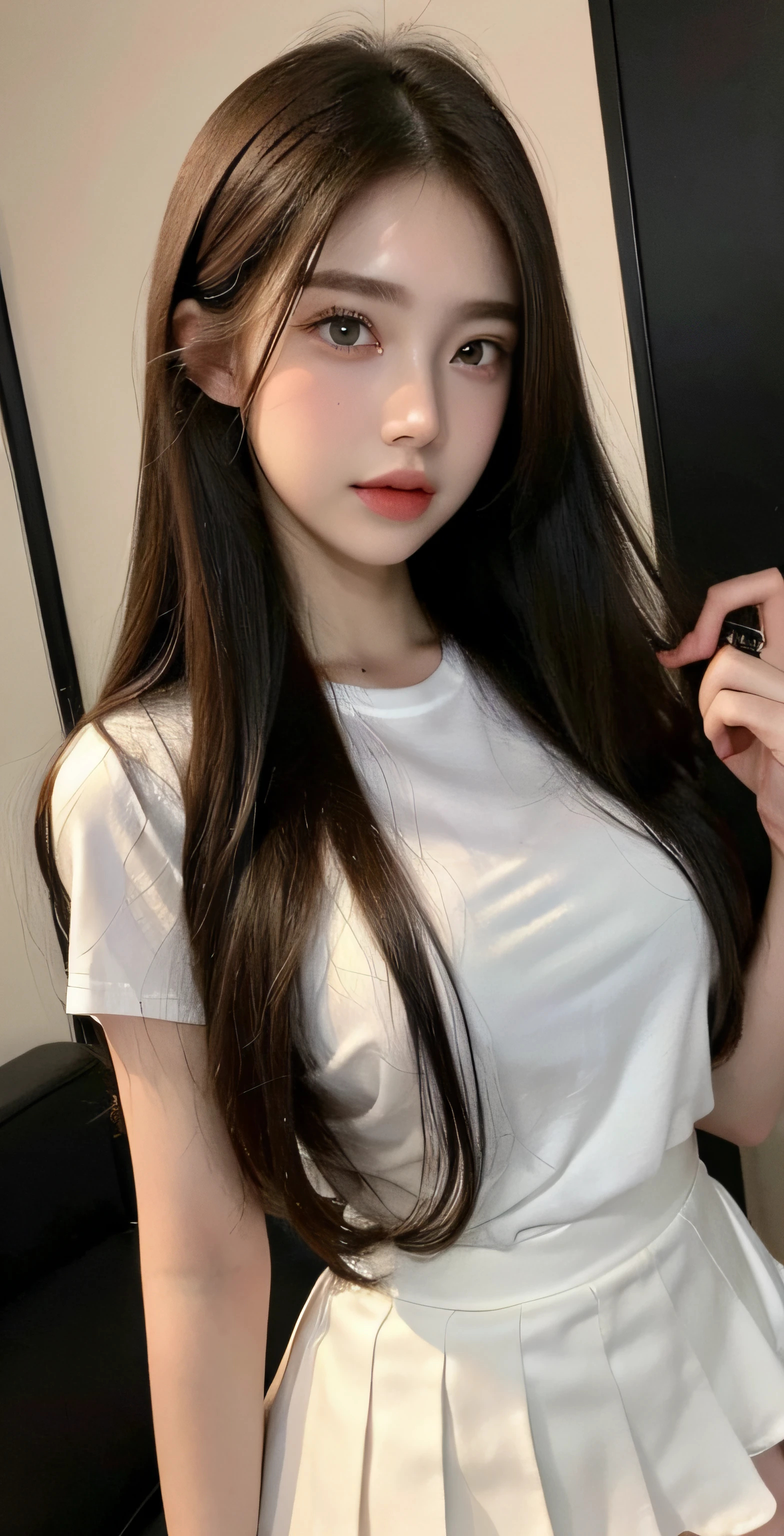 ((Best quality, 8K, Masterpiece :1.3)), Sharp focus :1.2, A beautiful girl 22 years old，Perfect figure :1.4, Slender abs :1.3, RAW photography、超A high resolution, full bodyesbian, White skin of the、Shiny white skin、(Wavy blonde hair)、Dark brown hair、Ultra-fine eyes, super fine hand, Ultra-thin fingers、beautiful eyes of random colors、Very thin lips, finedetail、Elongated eyes、pale pink blush、long eyelasher、beautiful double eyelid、Lighting that emphasizes beautiful skin、Brightens skin 2, ((layered long hair, Big breasts :1.2)), Open shirt show , (Delicate pantyhose ), (ssee-through ),  ((A white tight-fitting shirt with simple details)), ((Detailed face )), ((Delicate mini skirt)) , Luxury office :1.4, Highly detailed face and skin texture, Detailed eyes, 二重まぶた, Let the whole body, Long legs