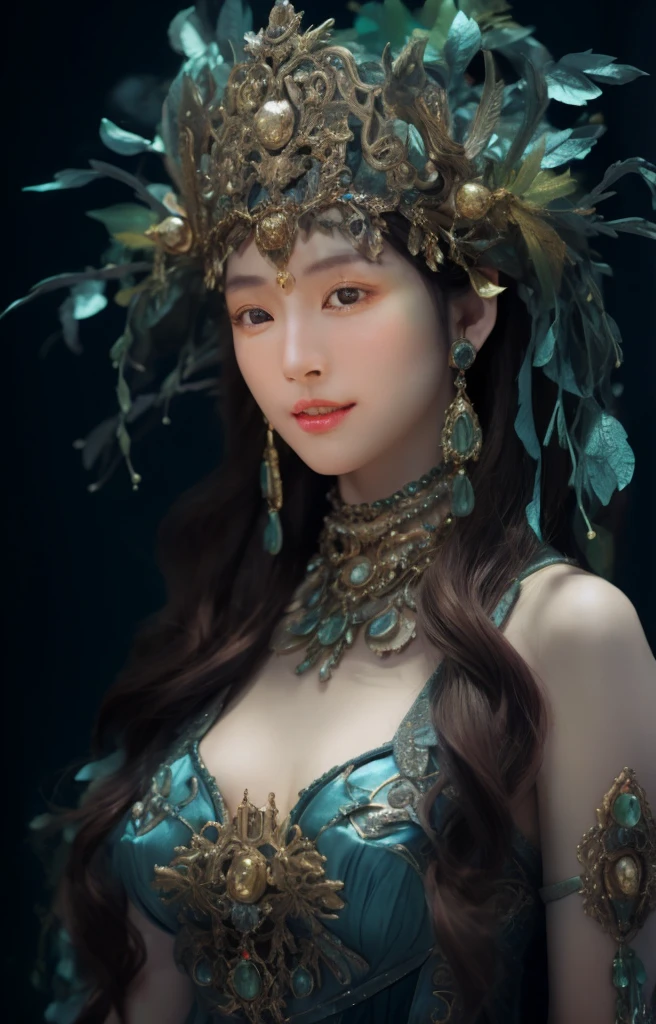 Alafidian woman in a green dress and gold headdress, a beautiful fantasy empress, beautiful and elegant elf queen, ((a beautiful fantasy empress)), portrait of an elf queen, portrait of very beautiful elf, Inspired by Lan Ying, Gorgeous Role Play, extremely detailed goddess shot, fantasy character photo, a stunning portrait of a goddess, portrait of a beautiful goddess